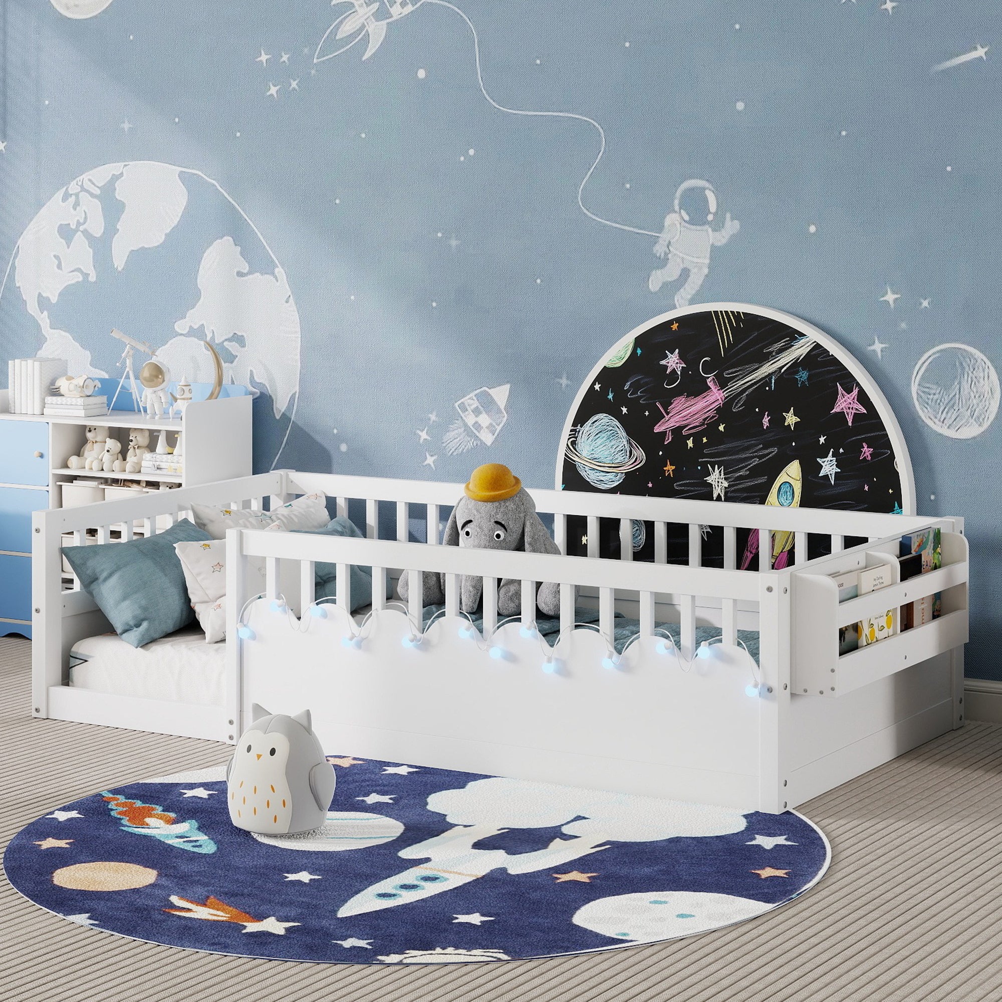 Twin Montessori Floor Bed Frame With High Rails, Wood Kids Floor Beds With Light And Storage Shelf, White Expect Arrival