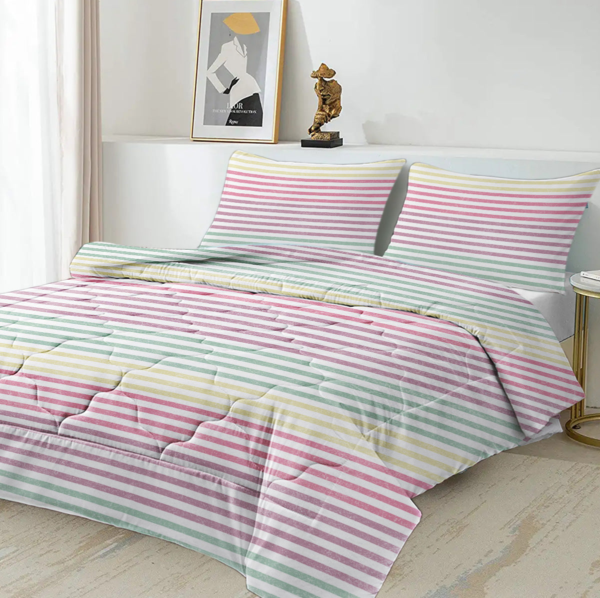 Striped Comforter Set Full Size, Rainbow Comforter Bedding Set Pink Yellow Green Purple 3 Piece, 1 Comforter And 2 Pillo