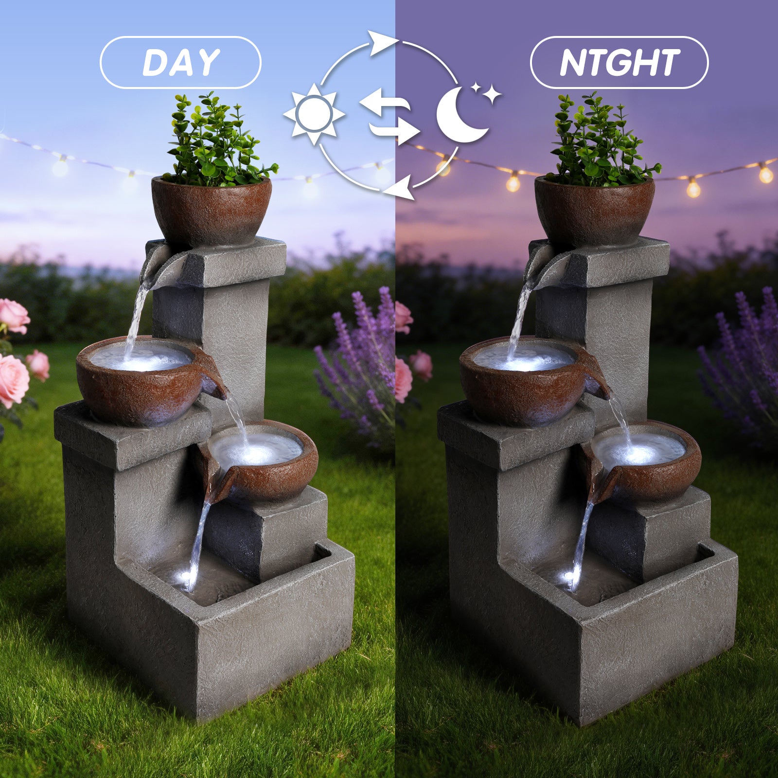 Outdoor Water Fountain Tiered Cascading Jar Waterfall Resin Garden Patio Decor With LED Lights