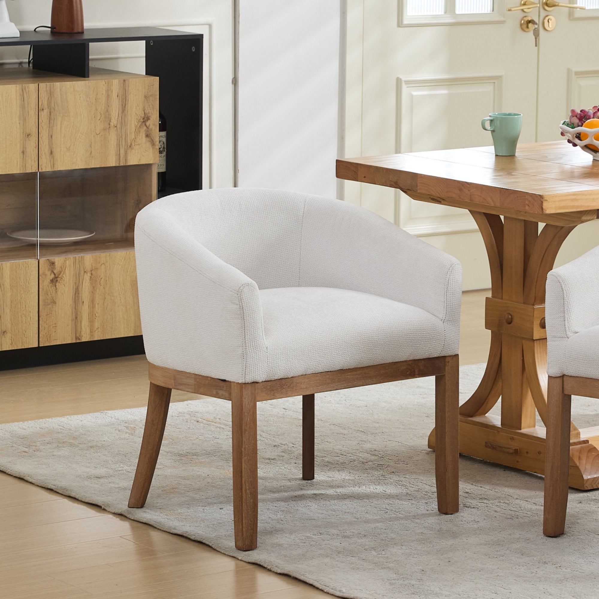 Mid Century Modern Upholstered Barrel Dining Chairs With Arms,Farmhouse Linen Kitchen & Dining Room Chairs With Natural