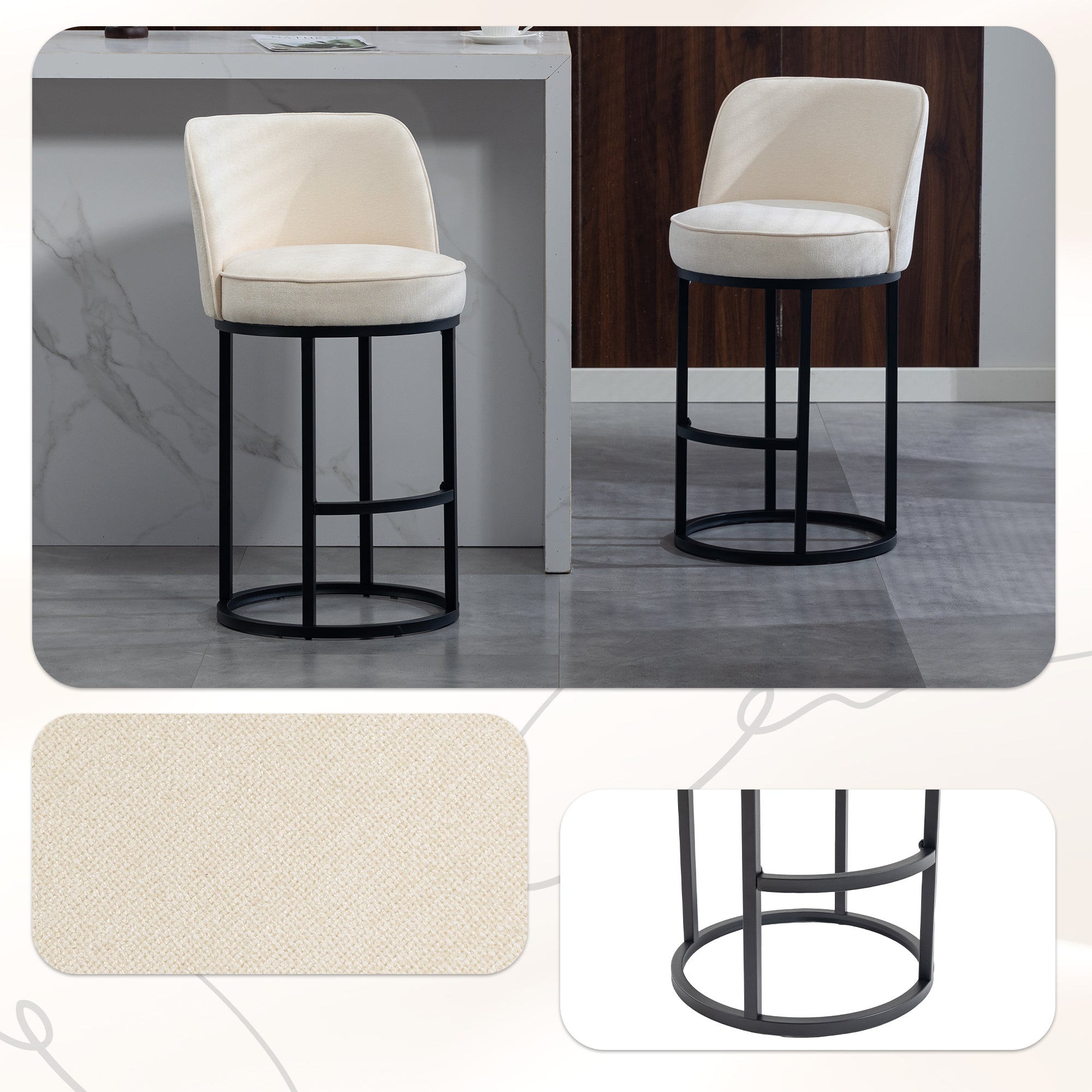 Counter Height Bar Stools Set Of 2, Modern Barrel Counter Stools With Backrest, Linen Fabric Upholstered Accent Bar Stoo