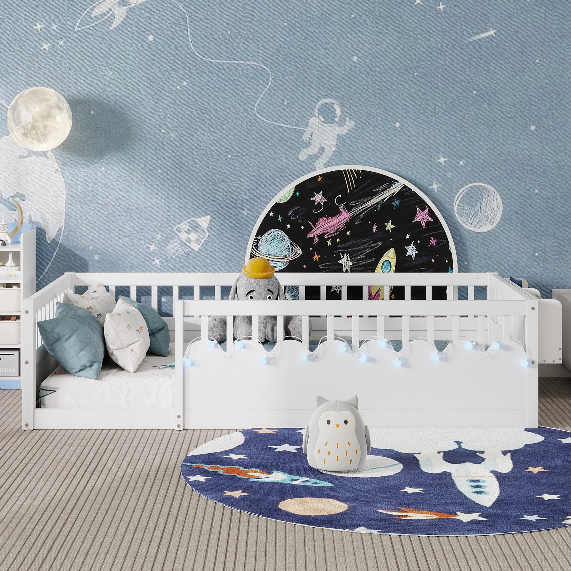 Twin Montessori Floor Bed Frame With High Rails, Wood Kids Floor Beds With Light And Storage Shelf, White Expect Arrival