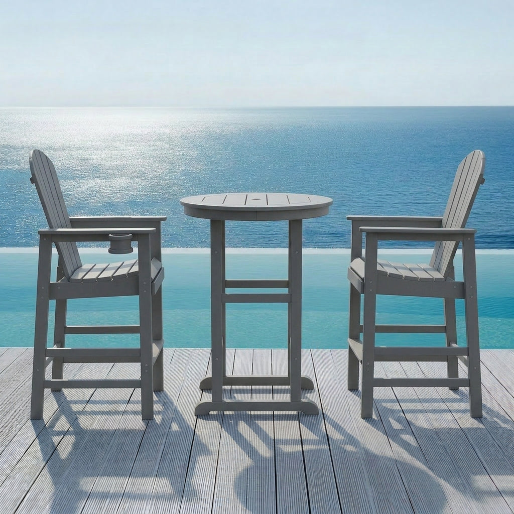 3-Piece Gray HDPE Indoor Outdoor Bar Height Bistro Set, 31.1  Round Pub Table With 2 Bar Stools, All-Weather Patio Furni