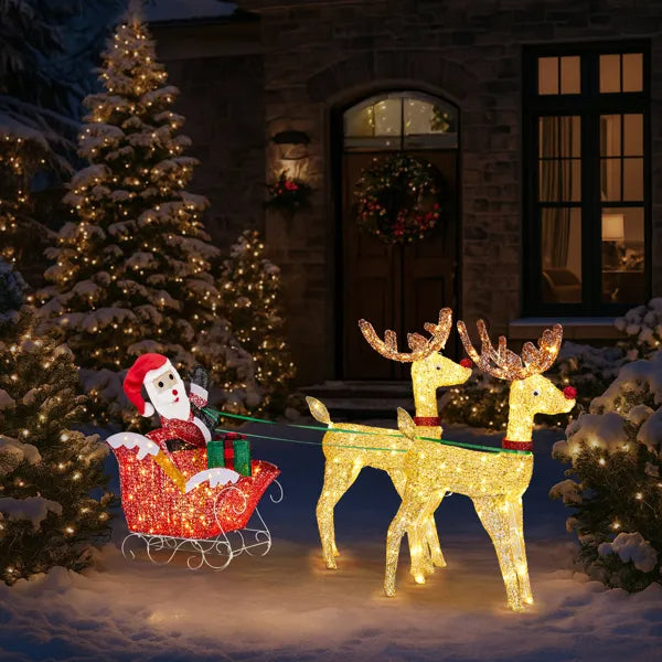 Lighted Reindeer Pulling Sleigh Christmas Decorations, Pre-lit Holiday Decor With270Warm White LEDfor Xmas Outdoor Indoo