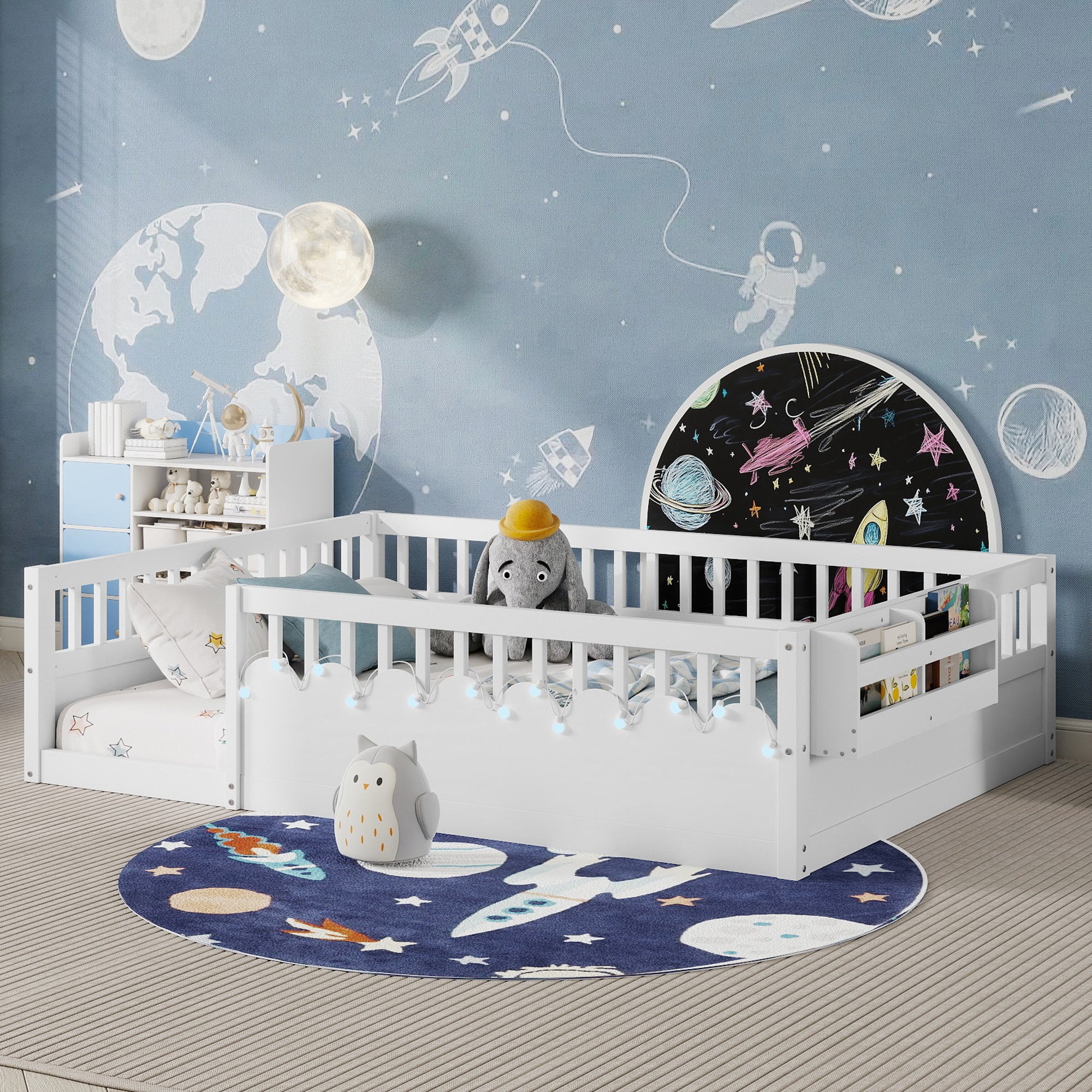 Full Montessori Floor Bed Frame With High Rails, Wood Kids Floor Beds With Light And Storage Shelf, White Expect Arrival