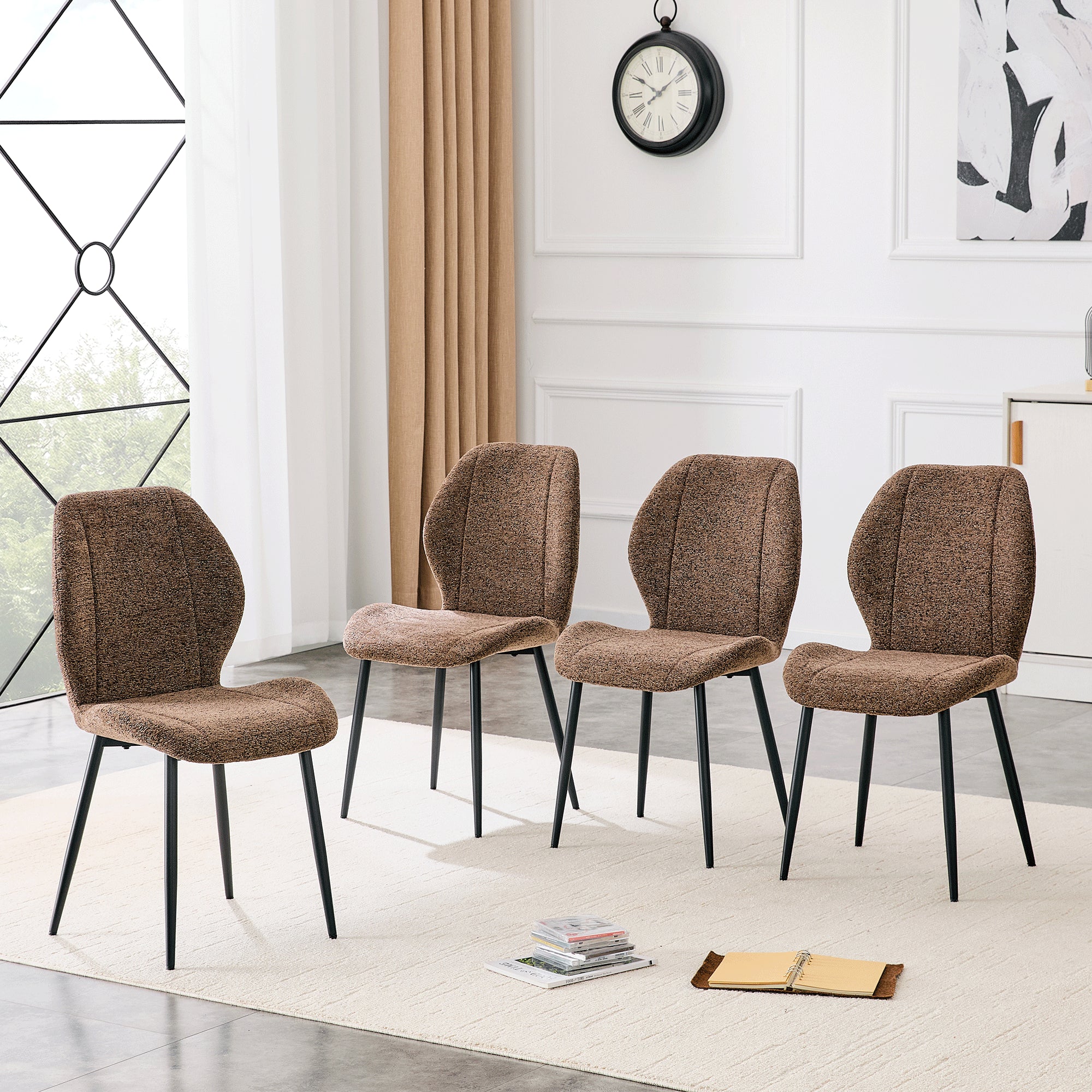 4 Sets Of Retro And Minimalist Brown Fabric Dining Chairs With Spacious And Comfortable Cushions.Black Metal Legs And Ad