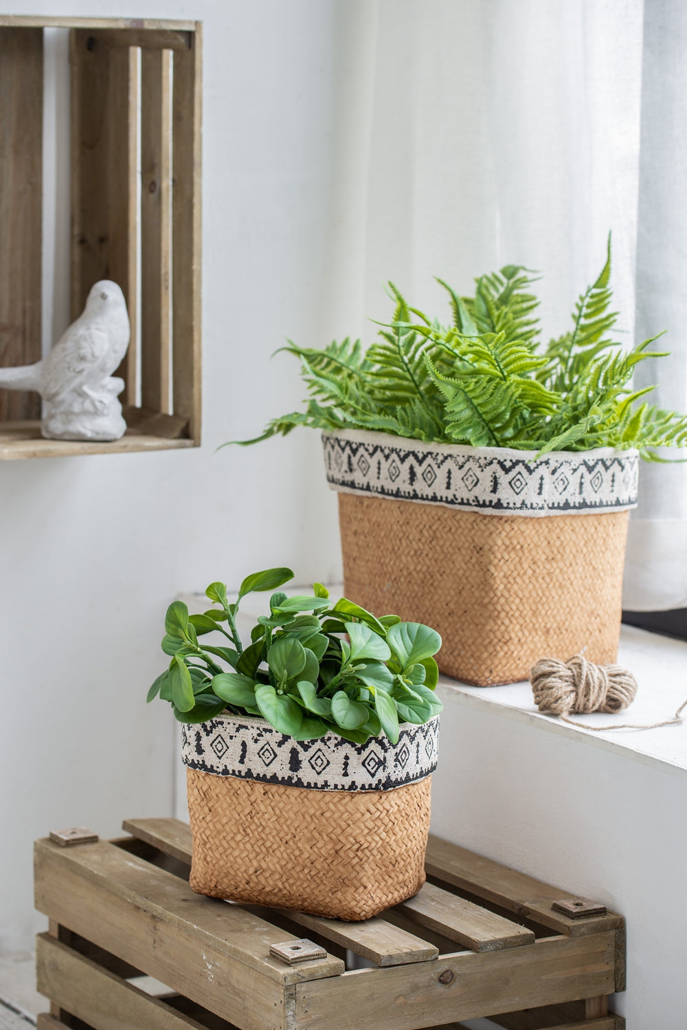 Set Of 2 Rectangular Basket Planters With Geometric Trim, L 10.5x8.5x8  S 7.5x5.5x6.5