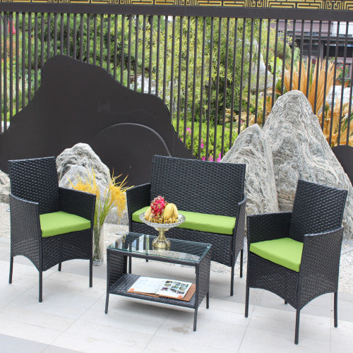 4 PC Rattan Patio Furniture Set Outdoor Patio Cushioned Seat Wicker Sofa Green Cushion