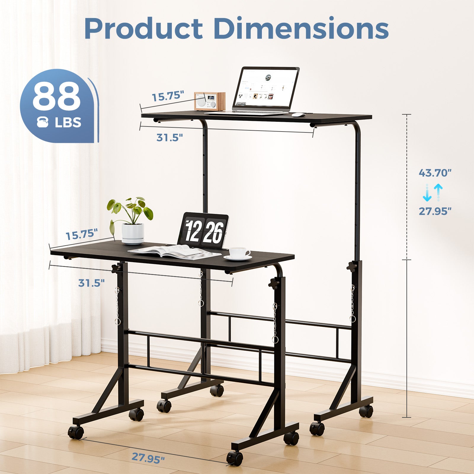 31.5-inch Adjustable-height Mobile Desk, Equipped With Locking Wheels And Clasps, Suitable For Mobile Desks And Active H