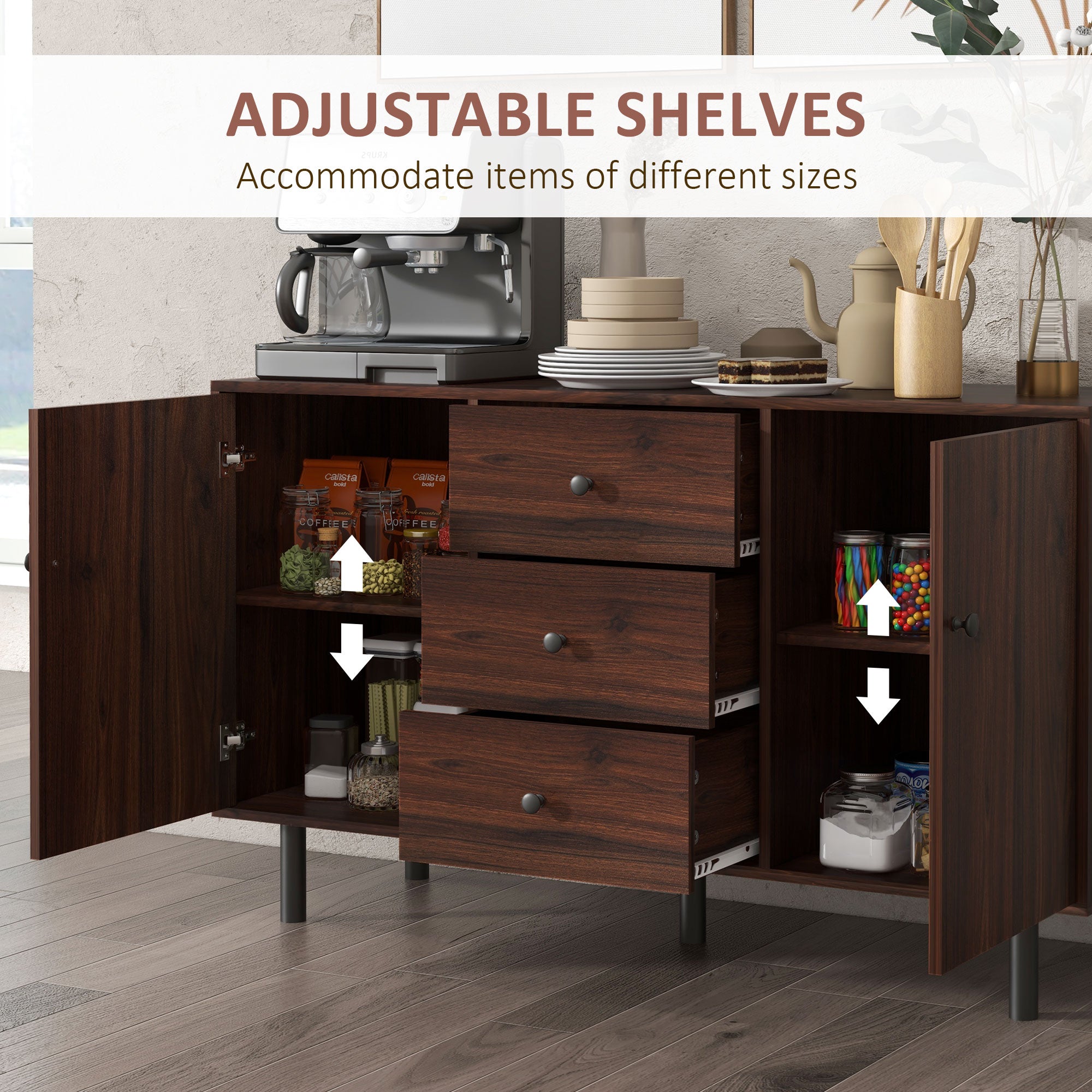 Retro Sideboard With 2 Cabinets 3 Drawers, Buffet Table, Rustic Brown