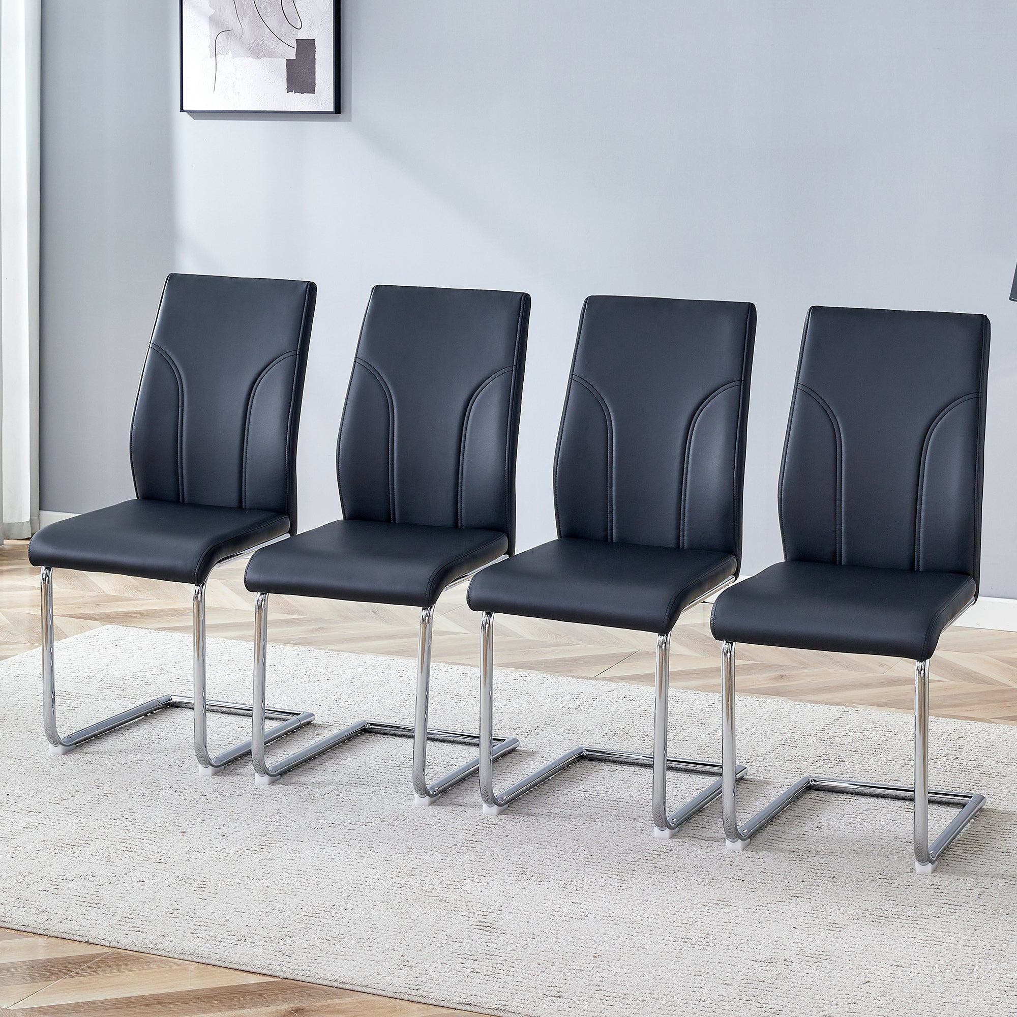 4 Dining Chair Set, Black Dining Chair Set, PU Material High Back Seat And Sturdy Leg Chair, Suitable For Dining Room, K