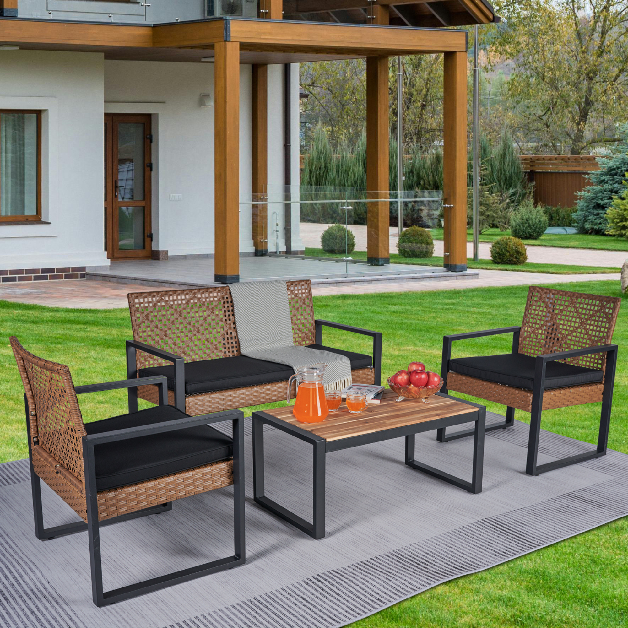 4-Piece Patio Furniture Set Outdoor Balcony Porch Garden Backyard Lawn Furniture Acacia Wood Table Top, Morden Black And