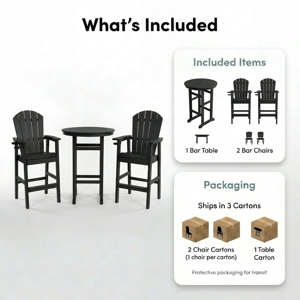 3-Piece Black HDPE Indoor Outdoor Bar Height Bistro Set, 31.1  Round Pub Table With 2 Bar Stools, All-Weather Patio Furn
