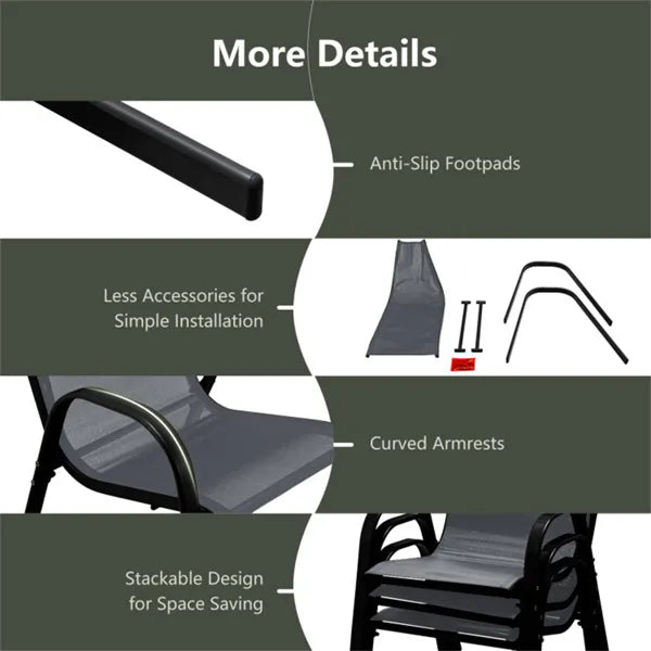 Gray 2 Pack Stackable Patio Dining Chairs, Ergonomic Steel Frame Breathable Fabric Outdoor Chairs 330 LBS Capacity