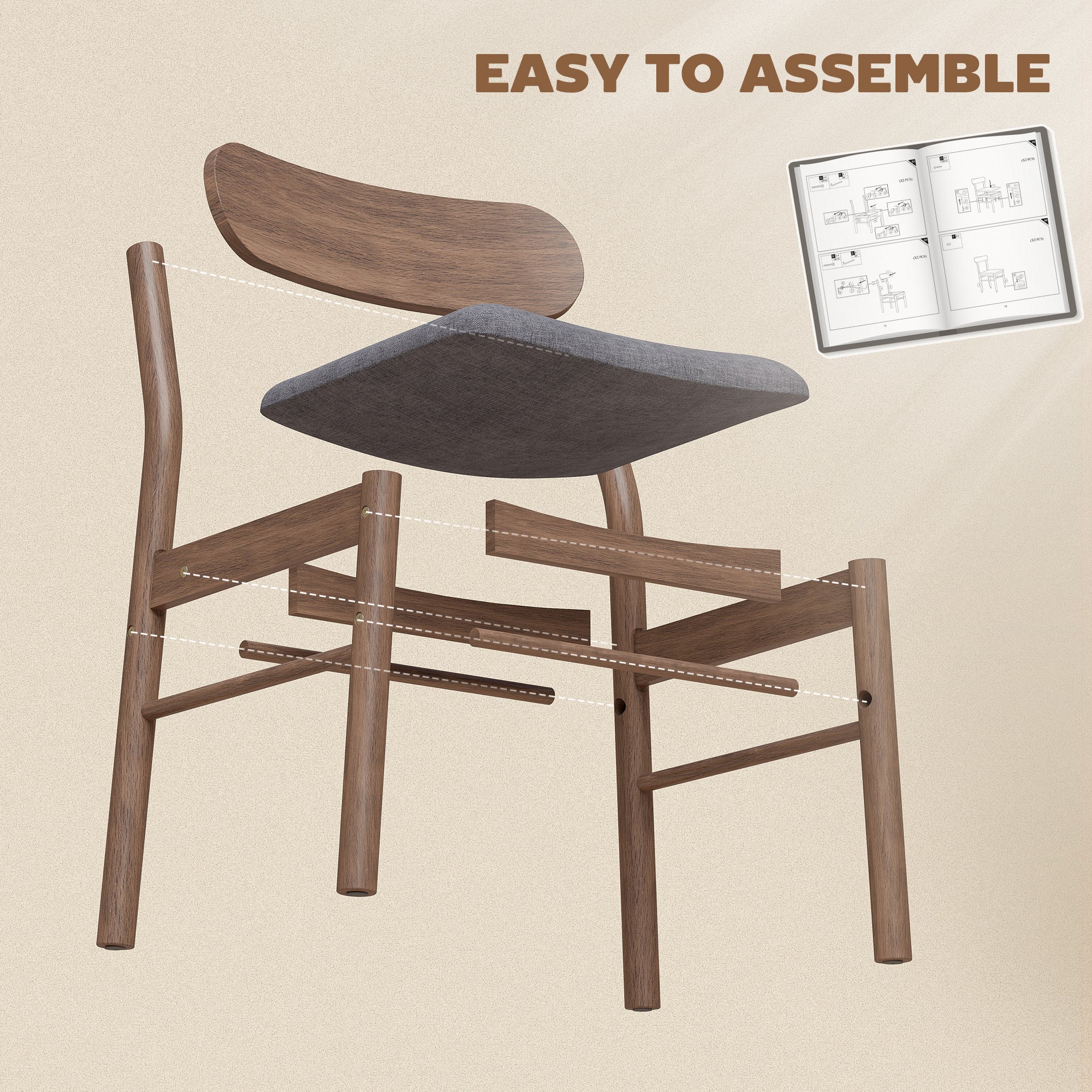 Set of 2 Dining Chairs, Upholstered Dining Room Chairs with Rubberwood Legs and Padded Seat for Kitchen, Gray