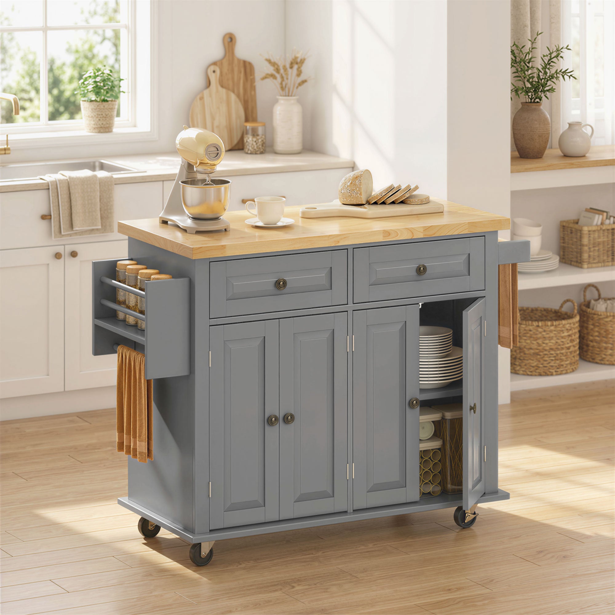 Kitchen Island Cart with Rubber Wood Top, Rolling Kitchen Island Table on Wheels with Drawers, Adjustable Shelves, Spice