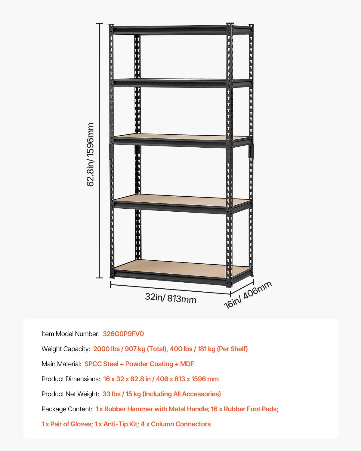 Storage Shelves 16 D X 32 W X 62.8 H 5-tier Garage Storage Shelving
