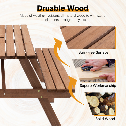 8 Person Brown Wooden Picnic Table, Outdoor Camping Dining Table With 2 Seats, Garden, DIY With 2 Built-in Benches, 2220