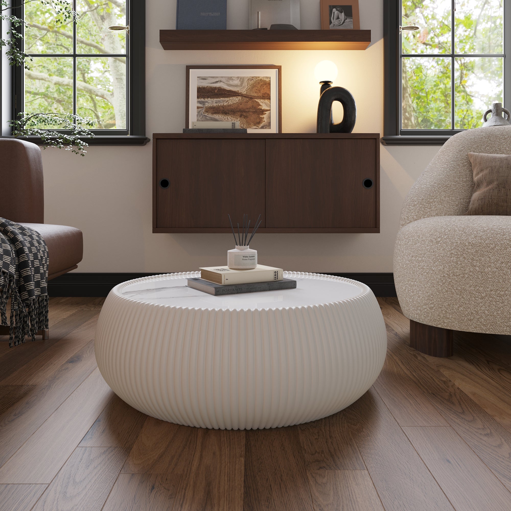 Light Sintered Stone Top Drum Shape Leather Coffee Modern Sofa Table For Living Room Furniture  Each Tabletop Has A Unique Grey Pattern
