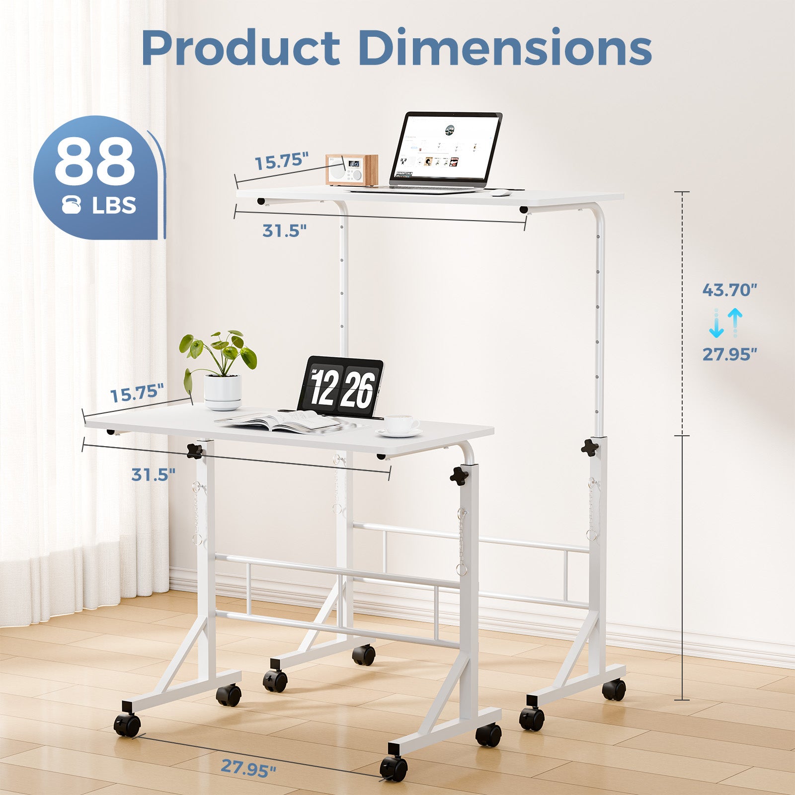 31.5-inch Adjustable-height Mobile Desk, Equipped With Locking Wheels And Clasps, Suitable For Mobile Desks And Active H