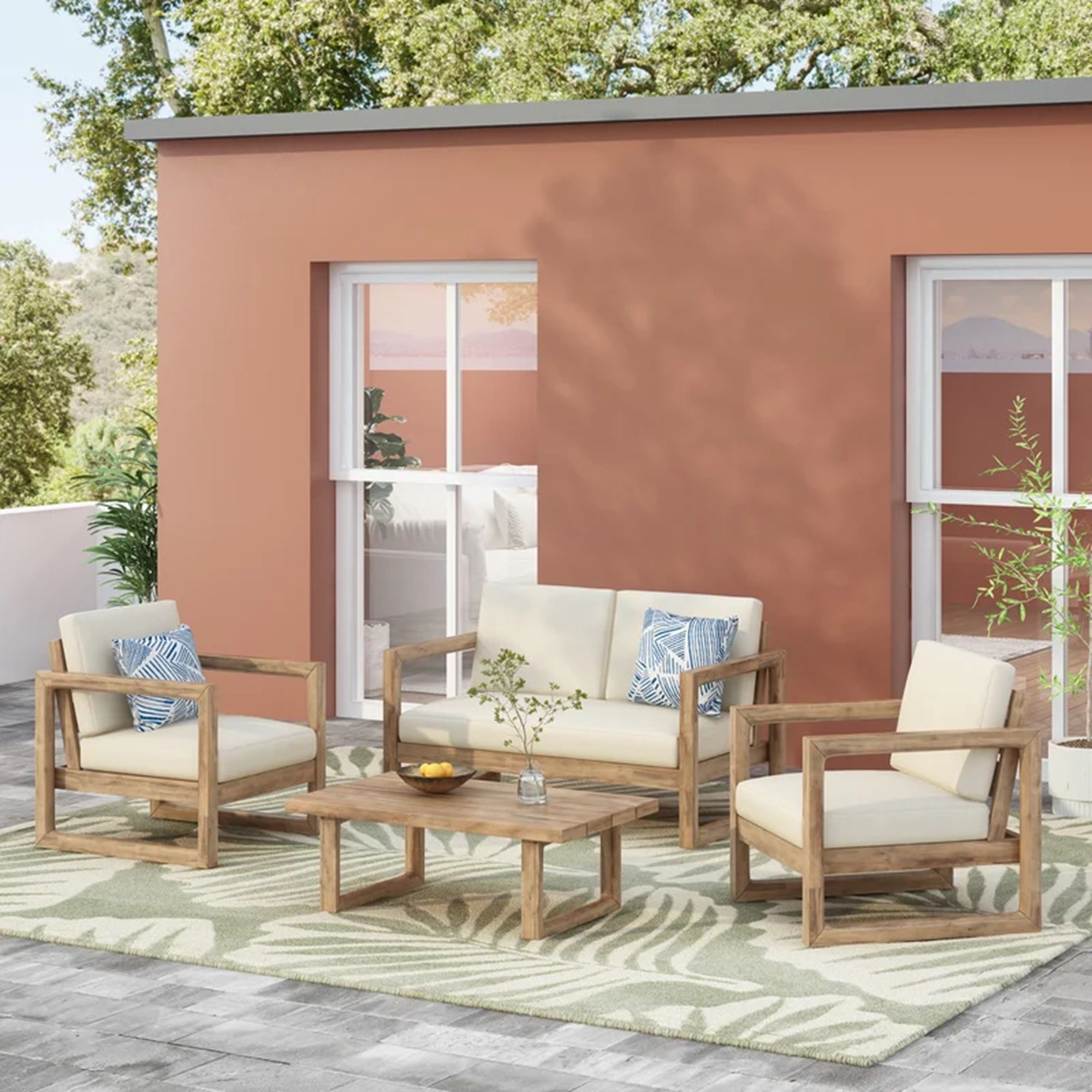 4-Pieces Acacia Wood Patio Furniture Set, Outdoor Furniture With Coffee Table, Patio Conversation Set Deep Seating With