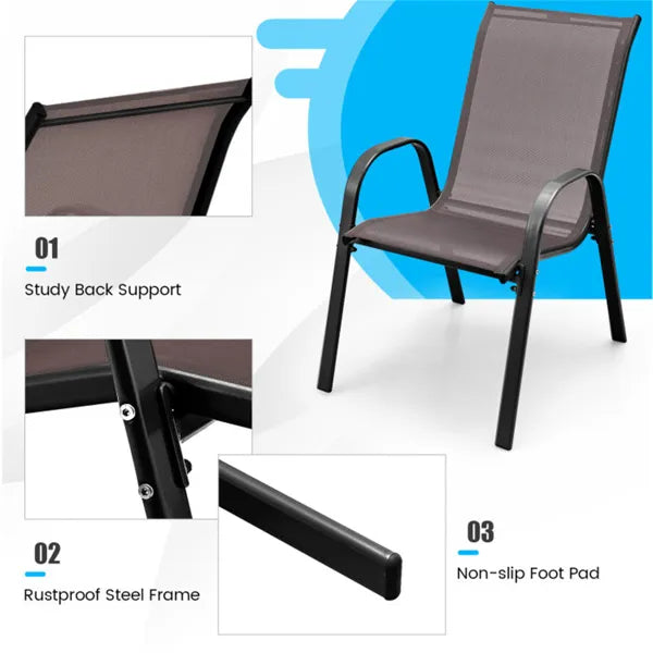 Brown 2 Pack Stackable Patio Dining Chairs, Ergonomic Steel Frame Breathable Fabric Outdoor Chairs 330 LBS Capacity
