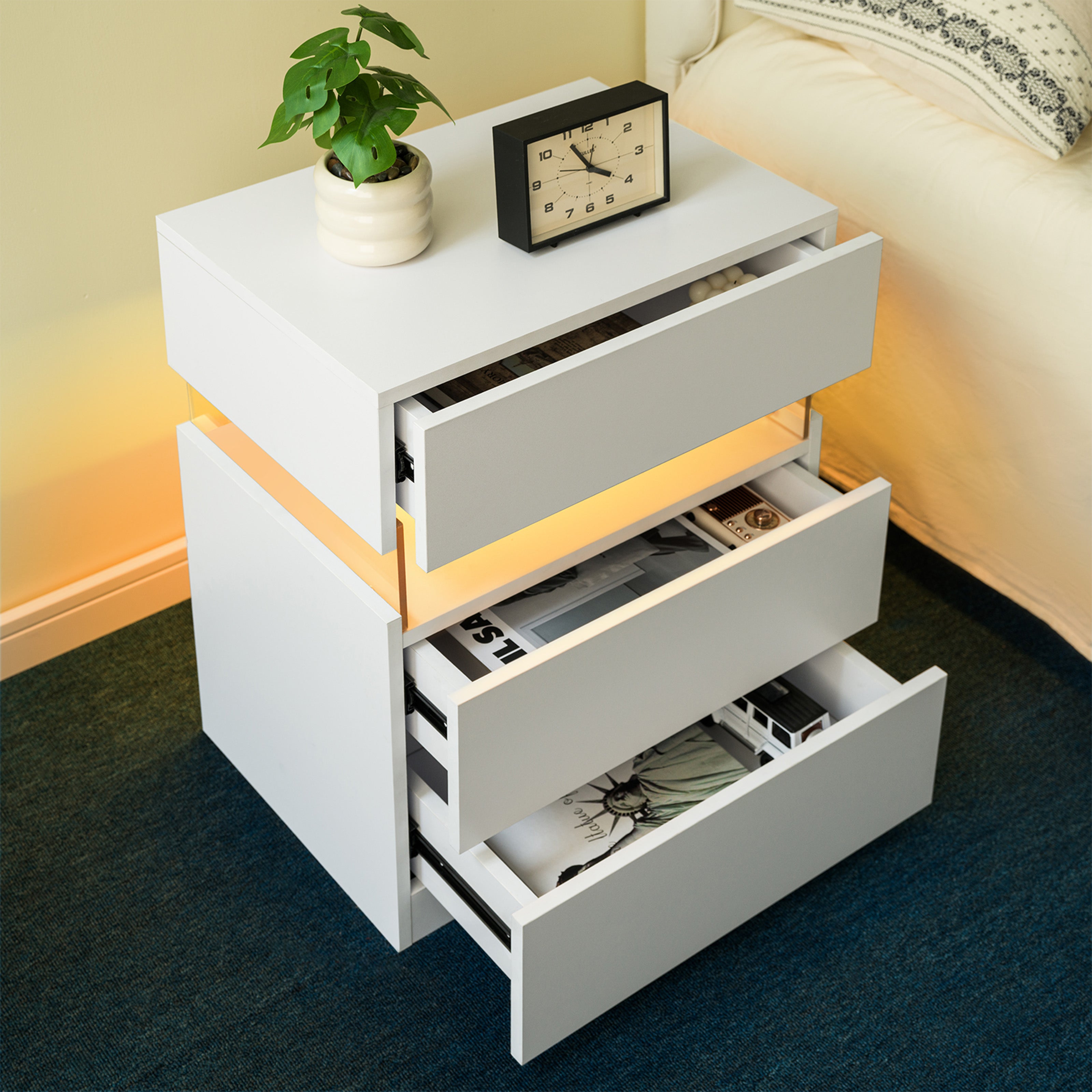 LED Nightstands 3 Drawer Dresser For Bedroom End Table With Acrylic Board LED Bedside Tables For Bedroom Living Room Bed