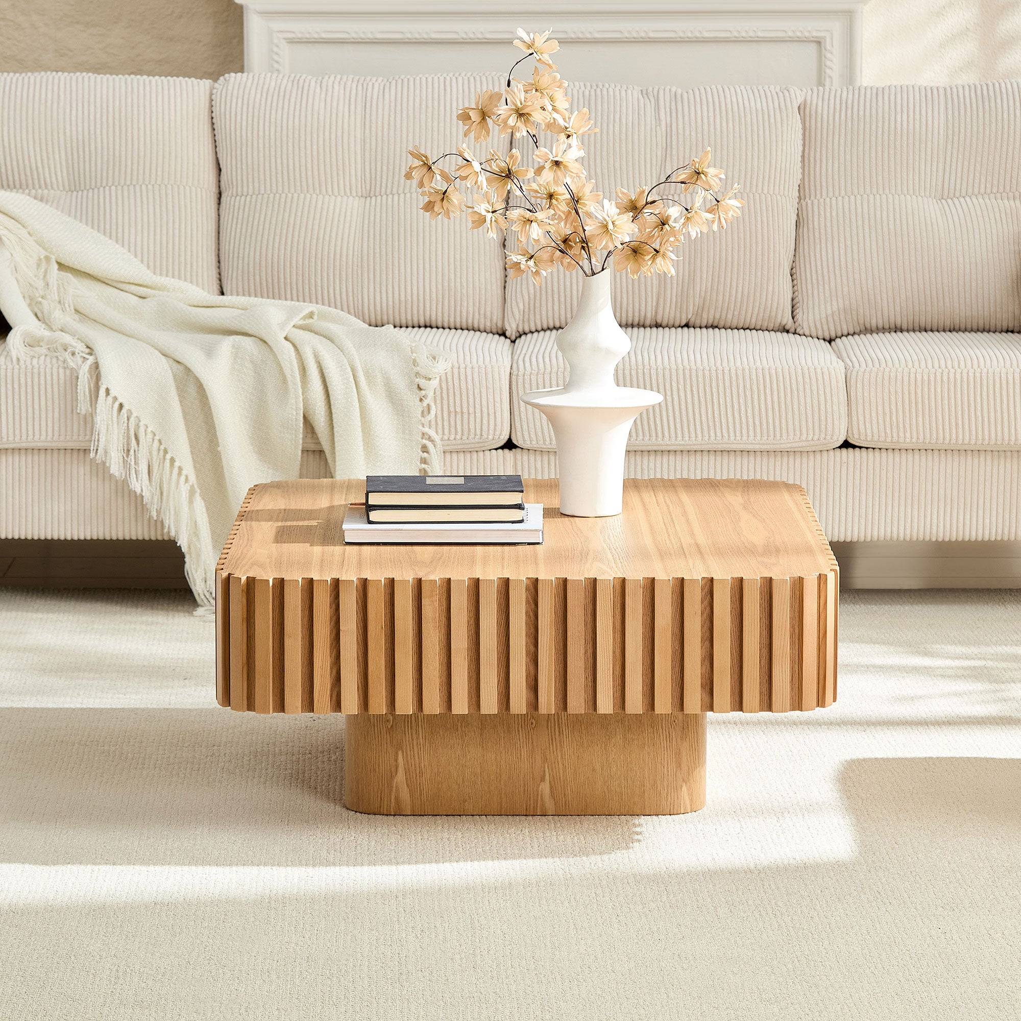 31.5 Inch Modern Handcraft Drum Coffee Table Square Coffee Table For Living Room,Small Wooden Coffee Table With Sturdy MDF Pedesta,Natural Color