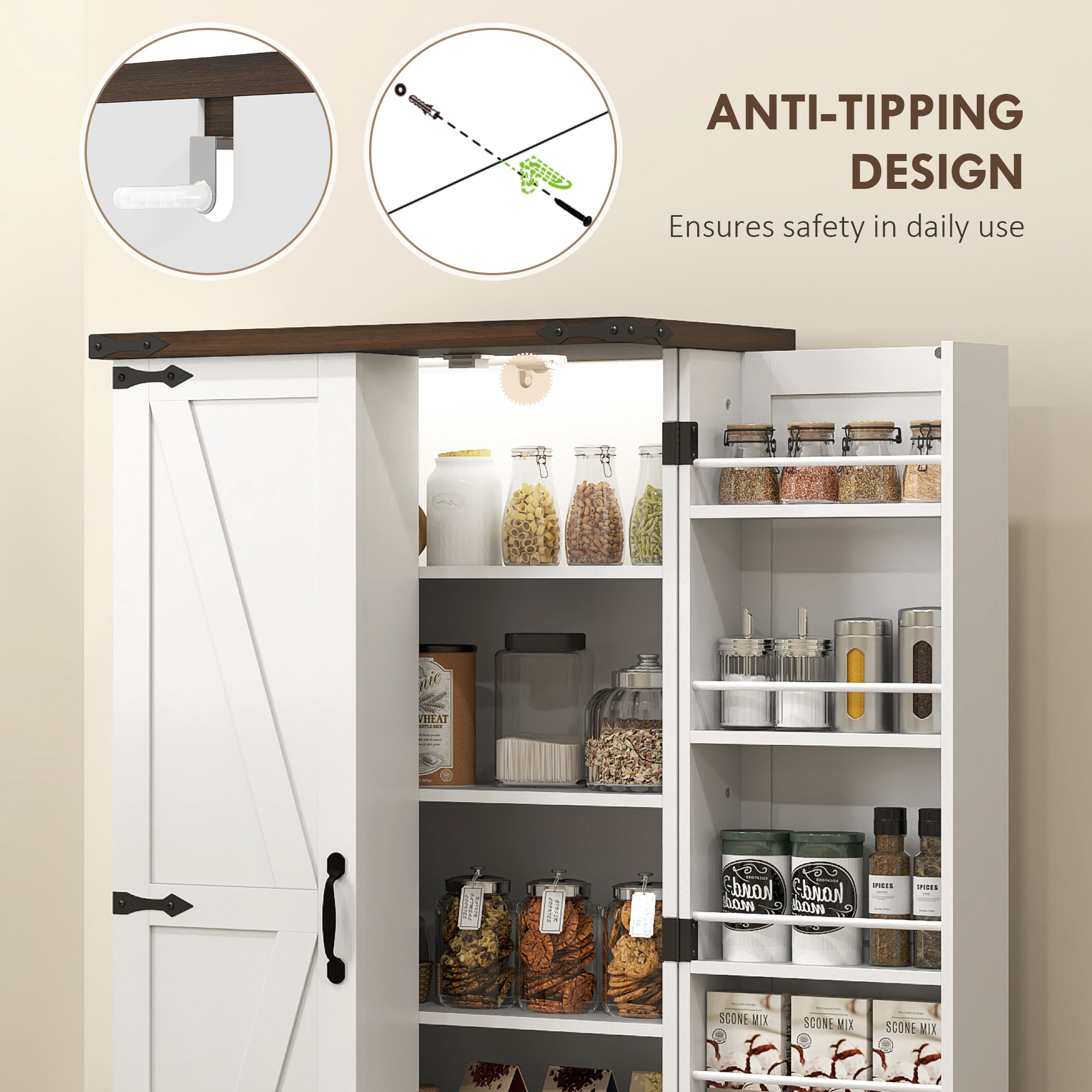 47" Kitchen Cabinet with Sensing LED Light, Kitchen Pantry Cabinet with Doors, Adjustable Shelves, Door Shelves, White