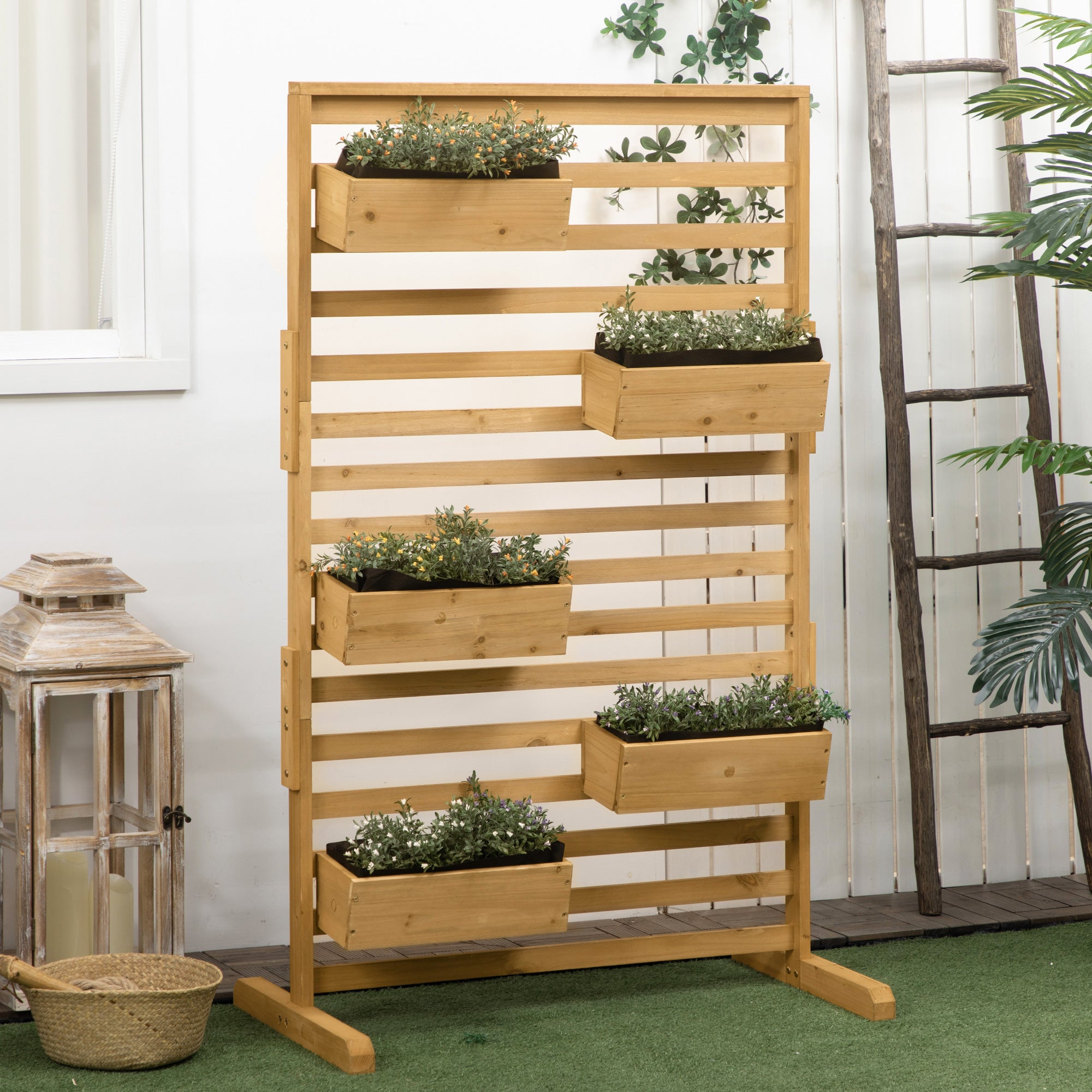 Wooden Plant Trellis Stand with 5 Hanging Planter Boxes