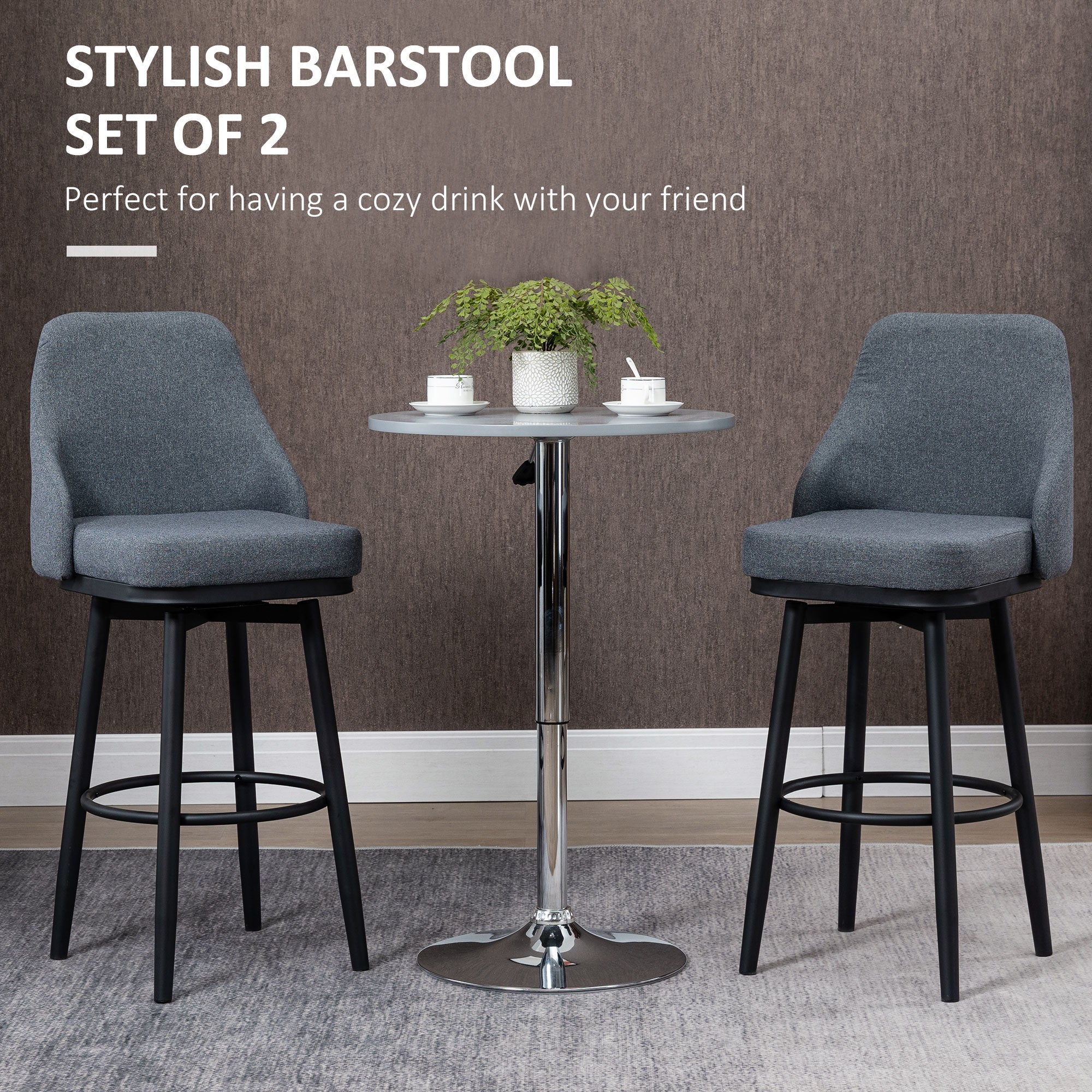 Modern Bar Stools, Set of 2 Swivel Kitchen Chairs, Dark Gray