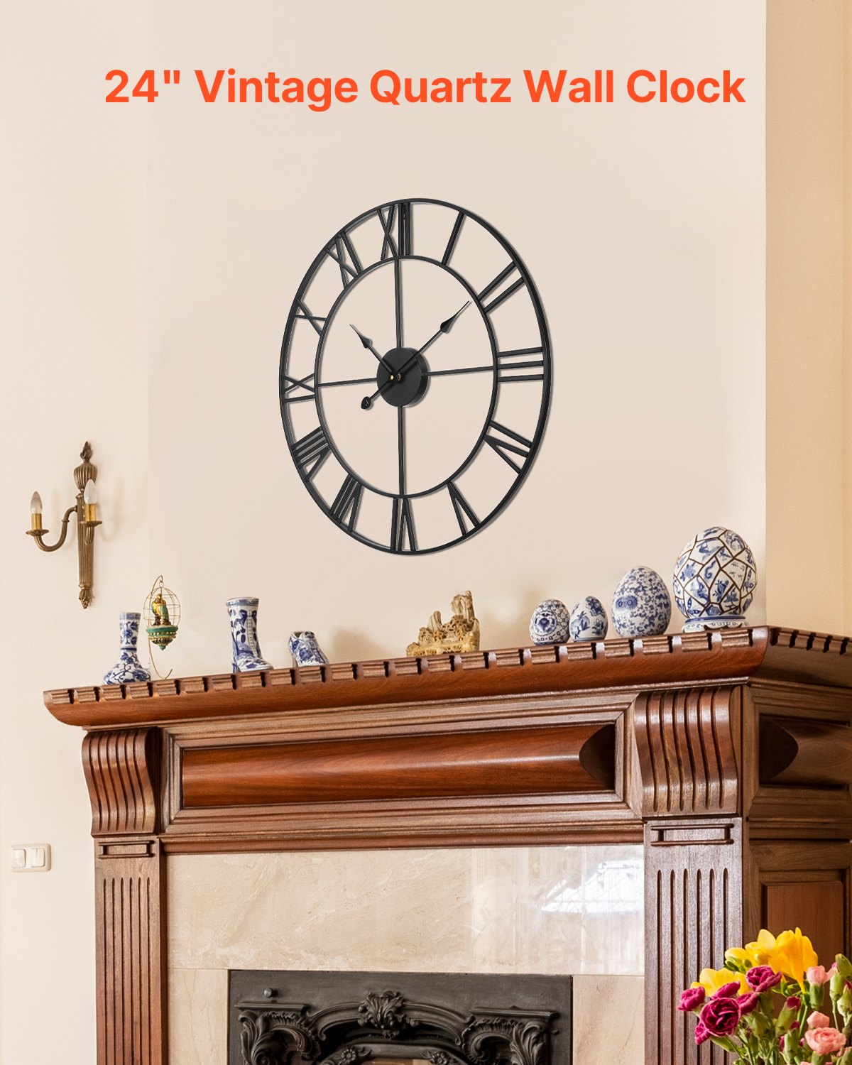 Wall Clock, 24 In Wall Clock Roman Numerals, Battery Operated Non Ticking Silent Classic Decorative Round Clocks, For Li