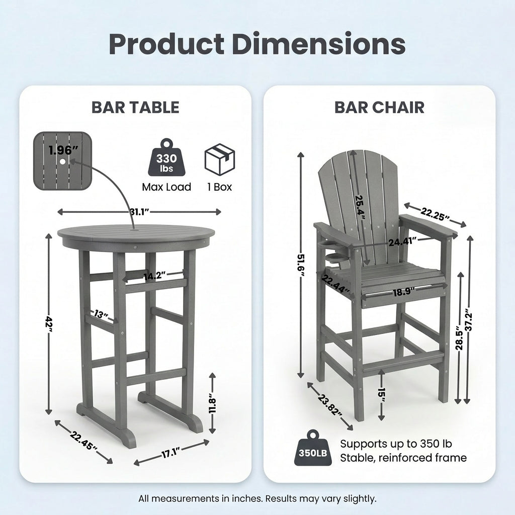 3-Piece Gray HDPE Indoor Outdoor Bar Height Bistro Set, 31.1  Round Pub Table With 2 Bar Stools, All-Weather Patio Furni