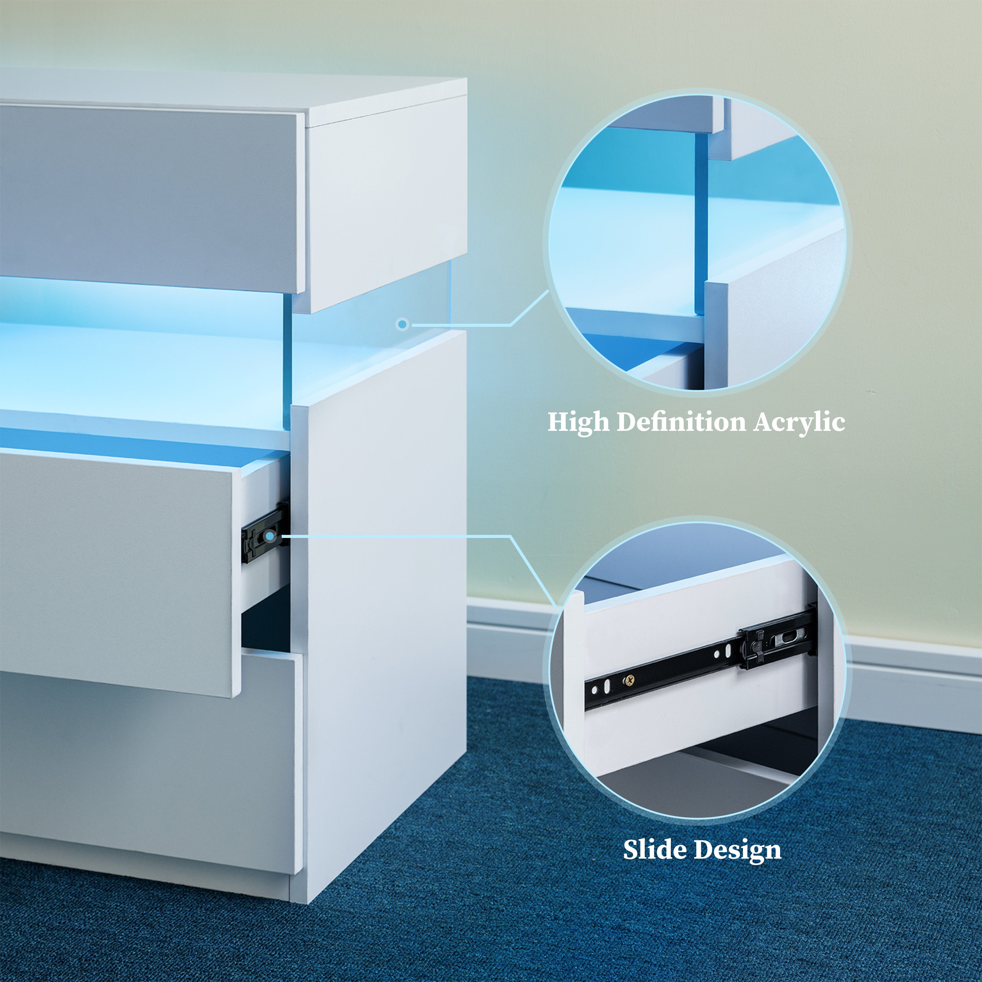 LED Nightstands 3 Drawer Dresser For Bedroom With 16RGB Color Lights,Bedside Tables For Living Room Bedside Furniture Wh
