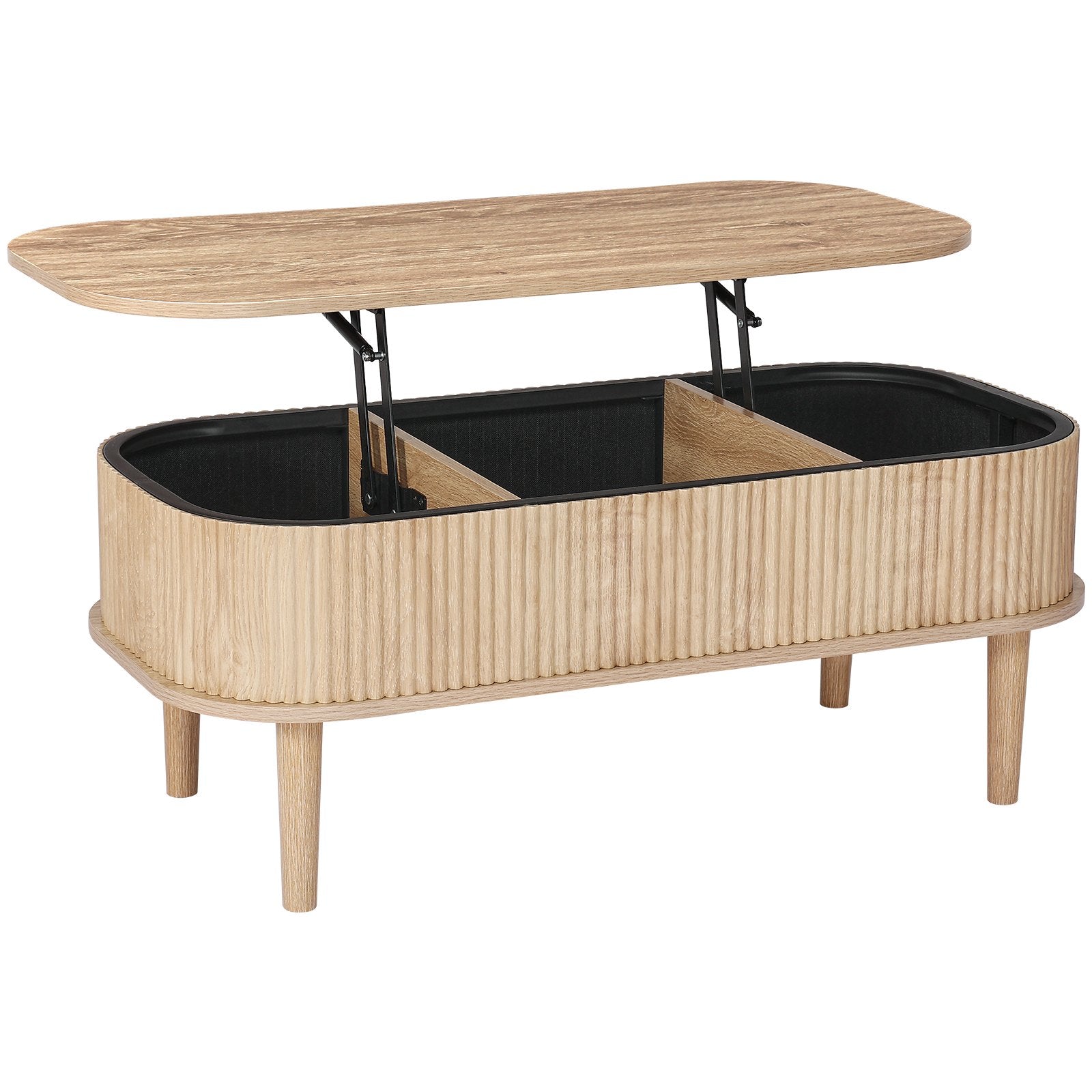 39.4 In Lift Top Coffee Table, Fluted Oval Coffee Table With 3 Hidden Compartment, Mid Century Wooden Oval Center Desk With Storage, Lift Up Tabletop For Home & Office, Easy Assembly, Burlywood