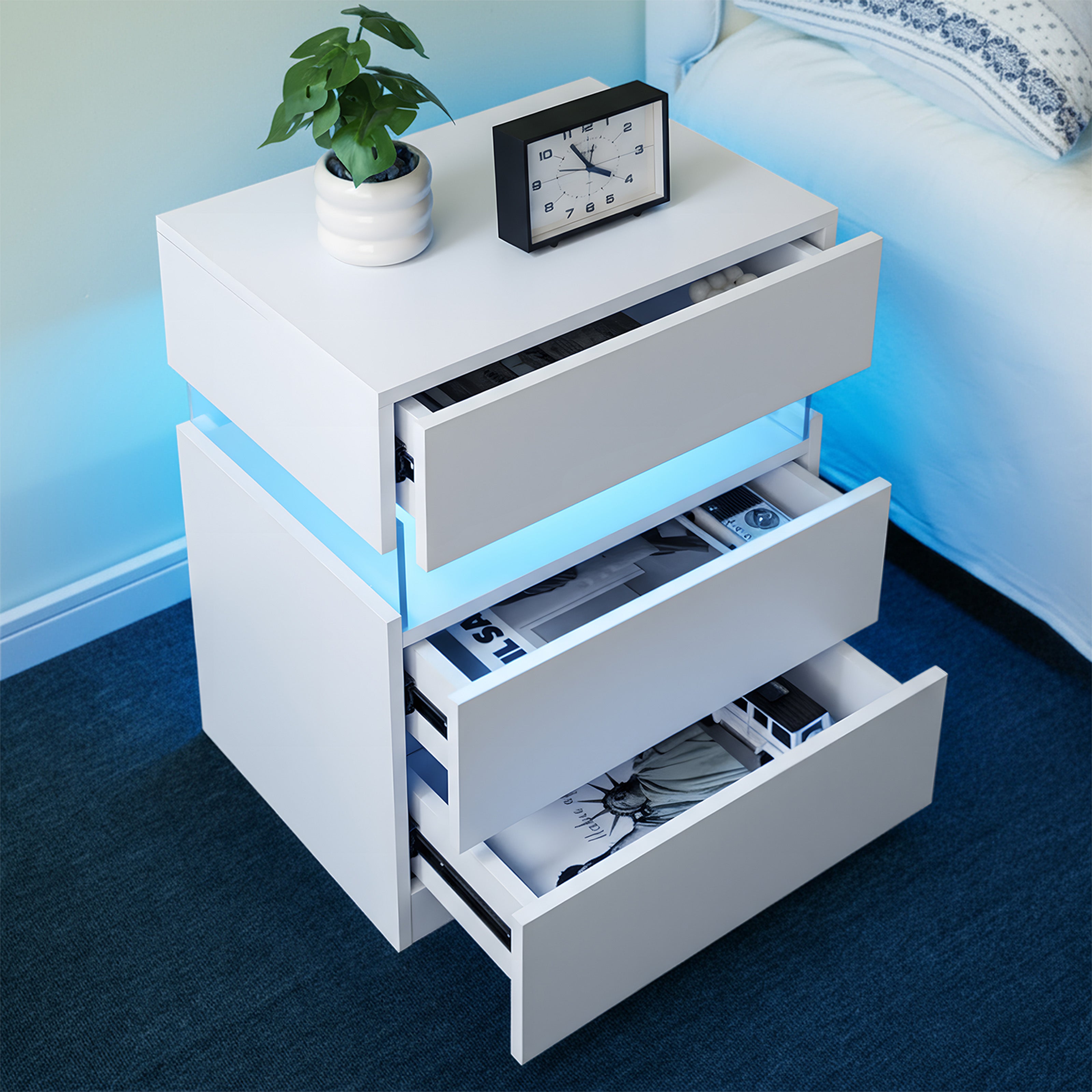 LED Nightstands 3 Drawer Dresser For Bedroom With 16RGB Color Lights,Bedside Tables For Living Room Bedside Furniture Wh
