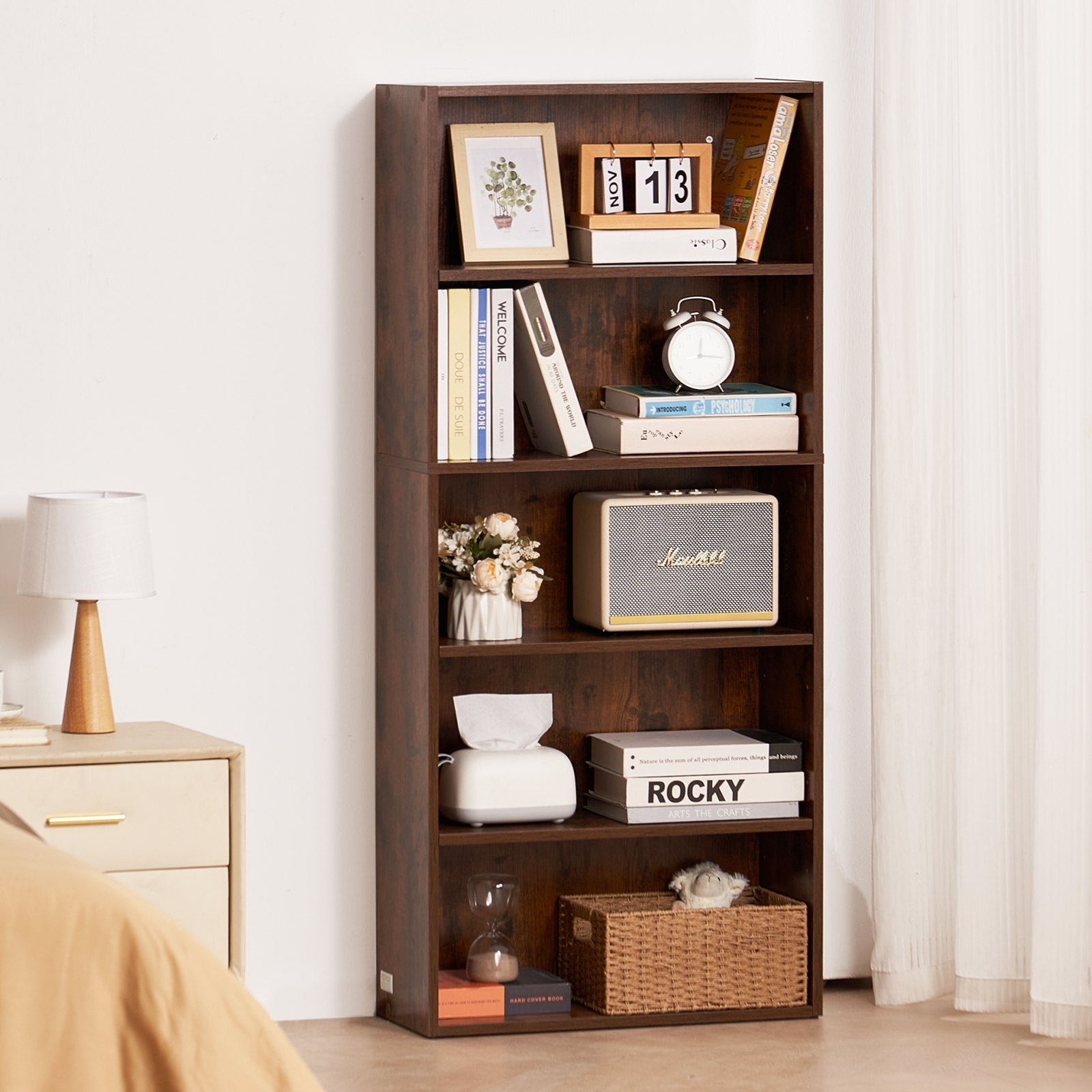 5 Tiers Narrow Bookshelf, 53 In Wooden Open Bookcase With Height-Adjustable Shelf, Freestanding Tall Display Storage Floor Bookcase Bookshelf For Library, Bedroom, Living Room, Office, Brown