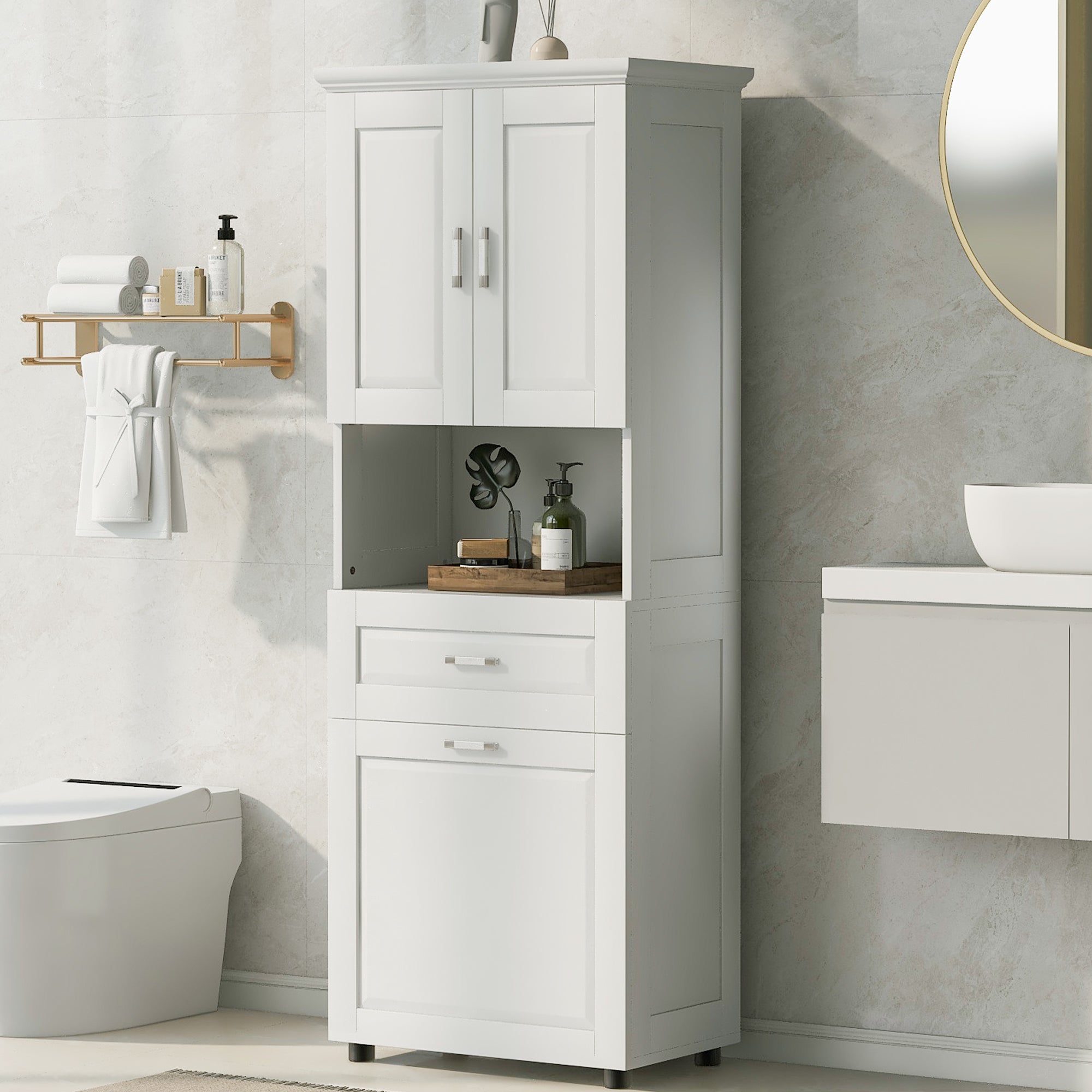 Tall Bathroom Cabinet With Laundry Basket, Large Storage Space Tilt-Out Laundry Hamper And Upper Storage Cabinet, White