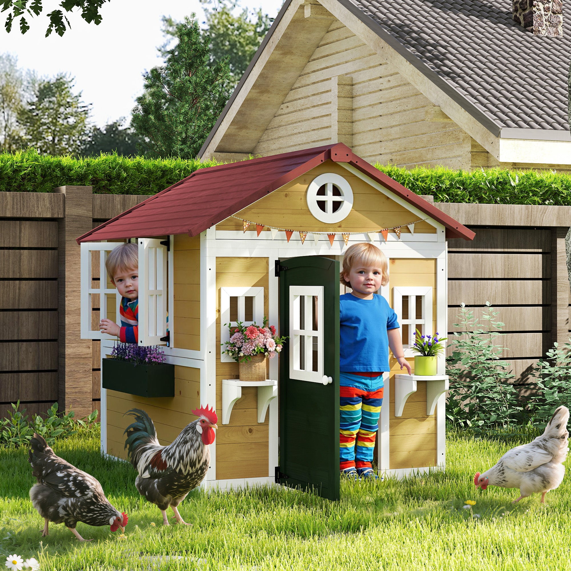 Wooden Playhouse for Kids Outdoor with Doors
