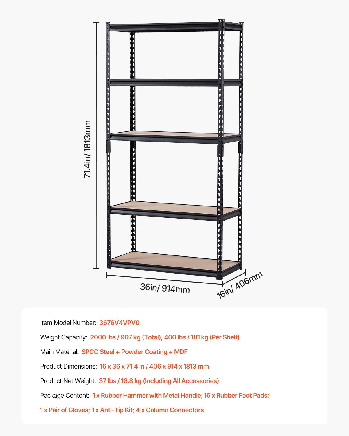 Storage Shelves 16 D X 36 W X 71.4 H 5-tier Garage Storage Shelving