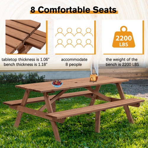 8 Person Brown Wooden Picnic Table, Outdoor Camping Dining Table With 2 Seats, Garden, DIY With 2 Built-in Benches, 2220