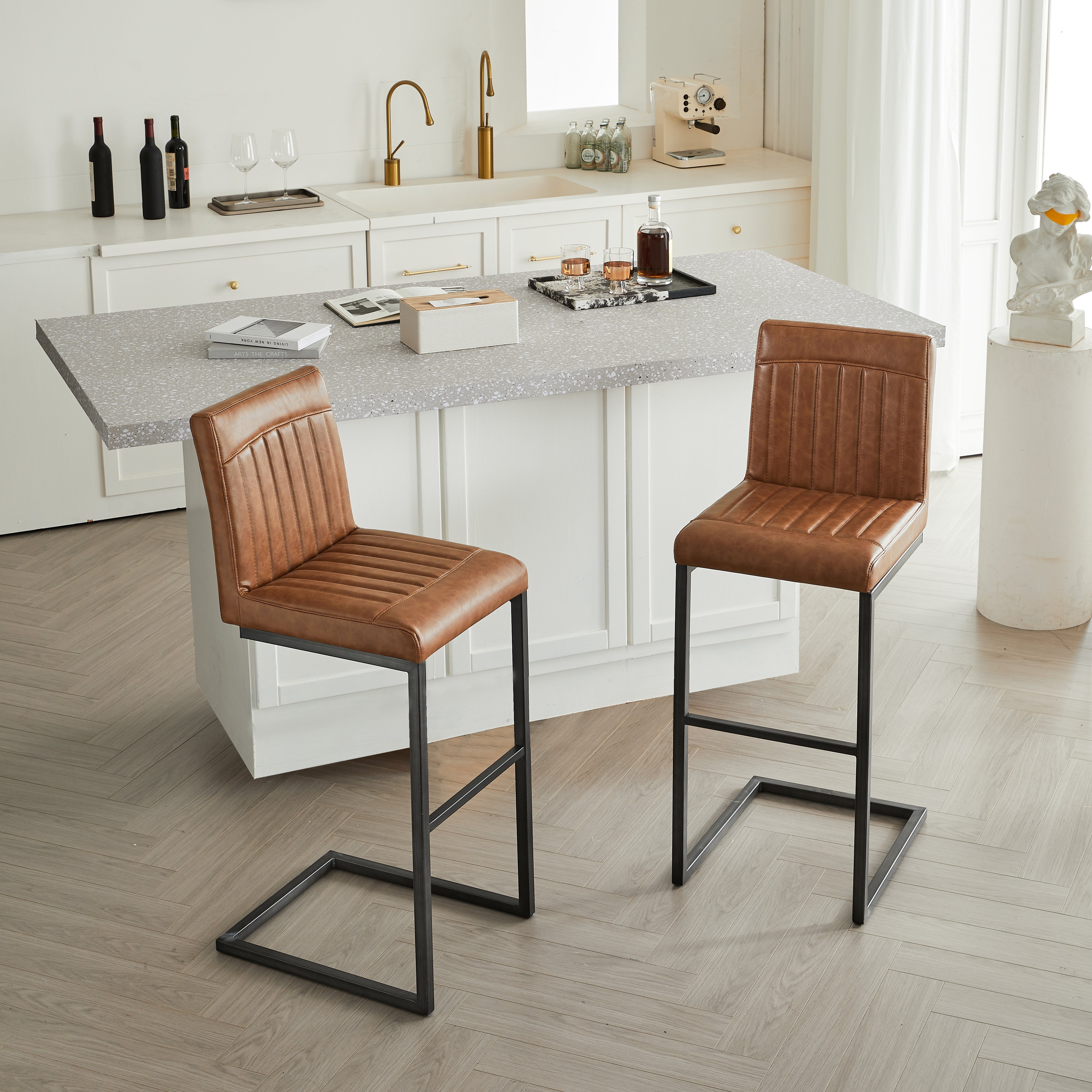Back Brown Faux Leather Bar Stool  Sturdy Black Metal Frame & Padded Seat  Stylish Seating For Kitchen Island  Home Bar