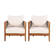 2 Pieces Outdoor Unique Tub Design Armchair With Woven Rope, Patio Furniture Acacia Wood Chair, Deep Seating With Soft C