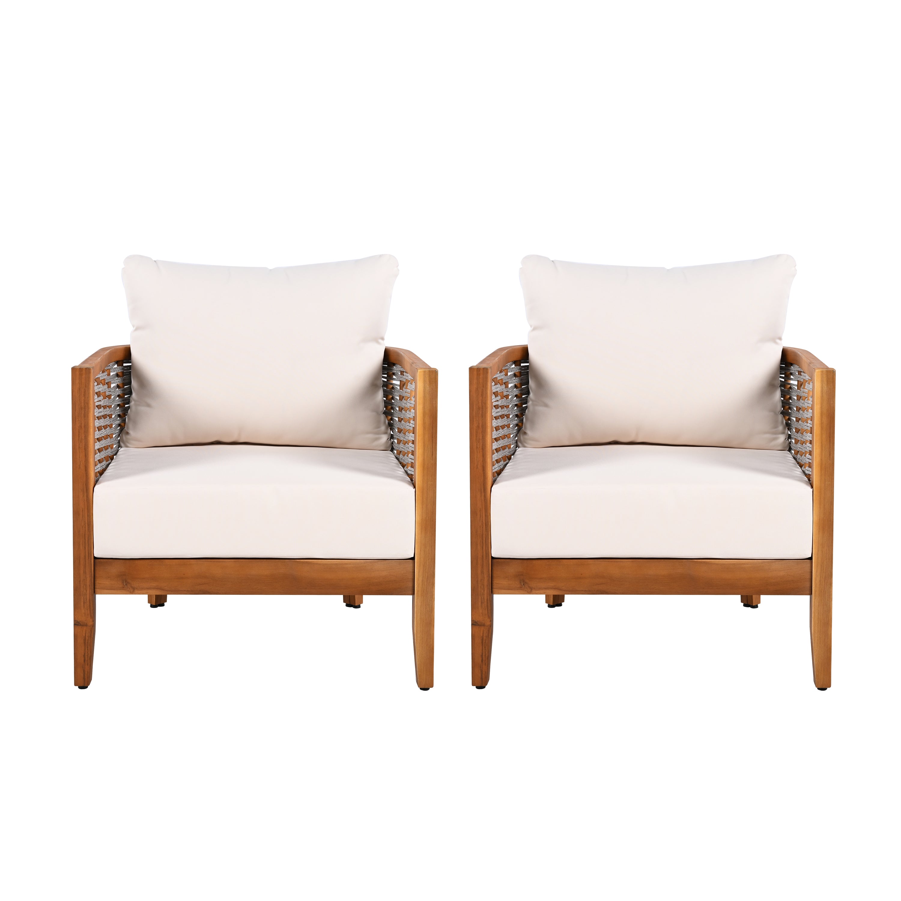 2 Pieces Outdoor Unique Tub Design Armchair With Woven Rope, Patio Furniture Acacia Wood Chair, Deep Seating With Soft C