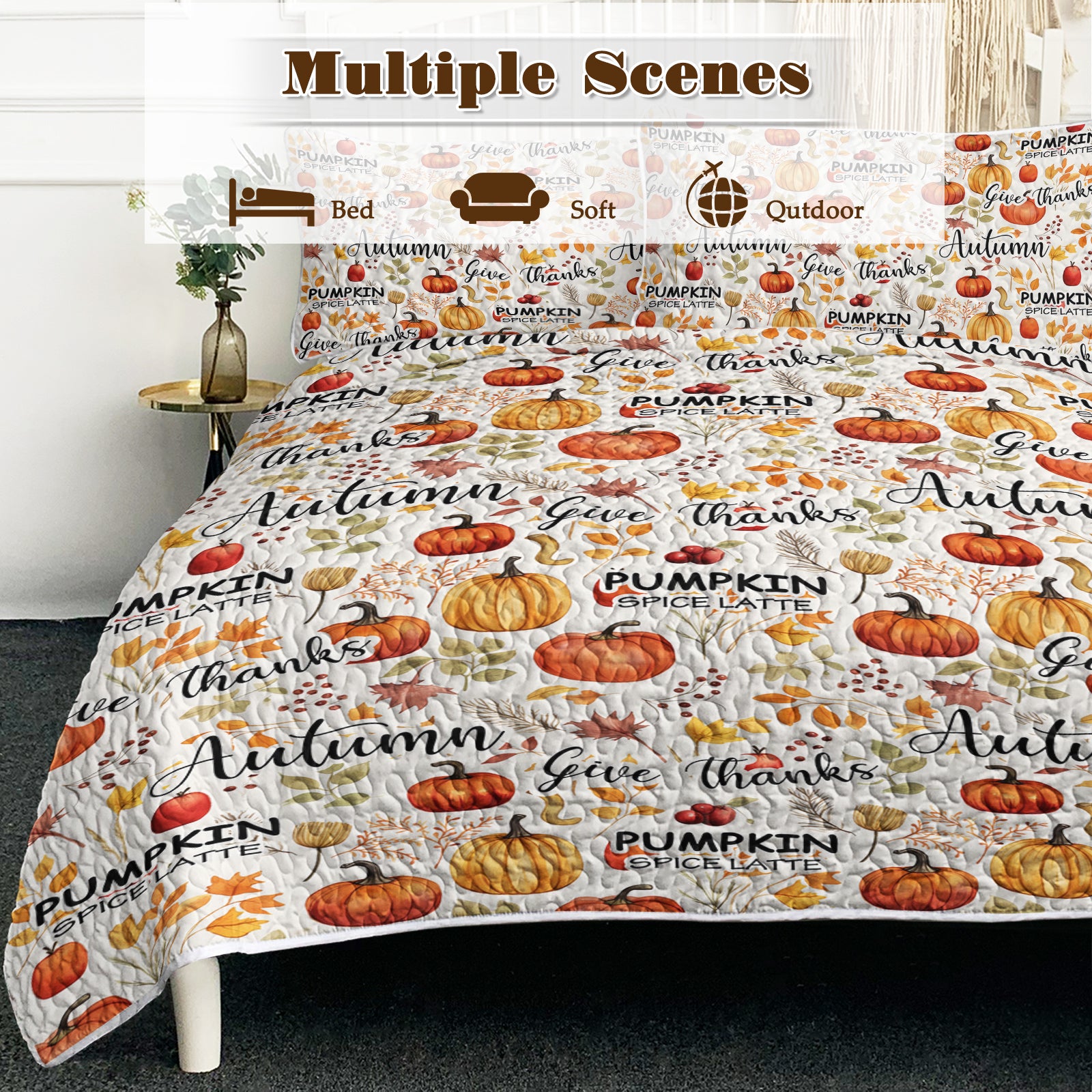 3pcs Pumpkin Autumn Leaves Design Quilt Set All Seasons Bedding Quilt Bed Set With 2 Pillowcases For Kids Teens Adults B