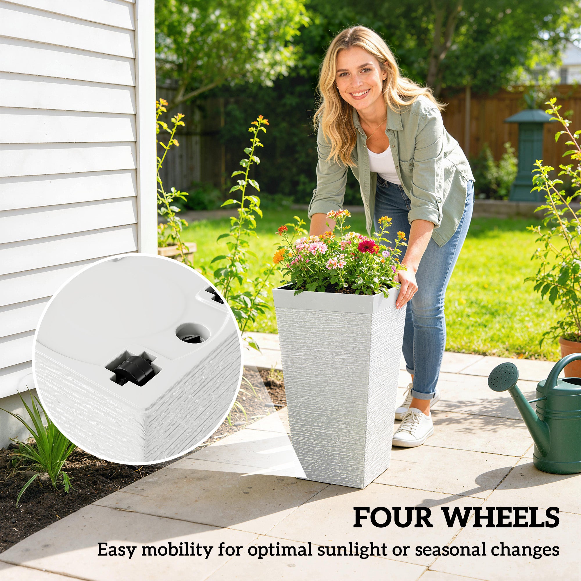 22.8 Inch Set of 3 Outdoor Planters with Stone Finish and Wheels, Stackable Tapered Planters with Drainage Hole, White