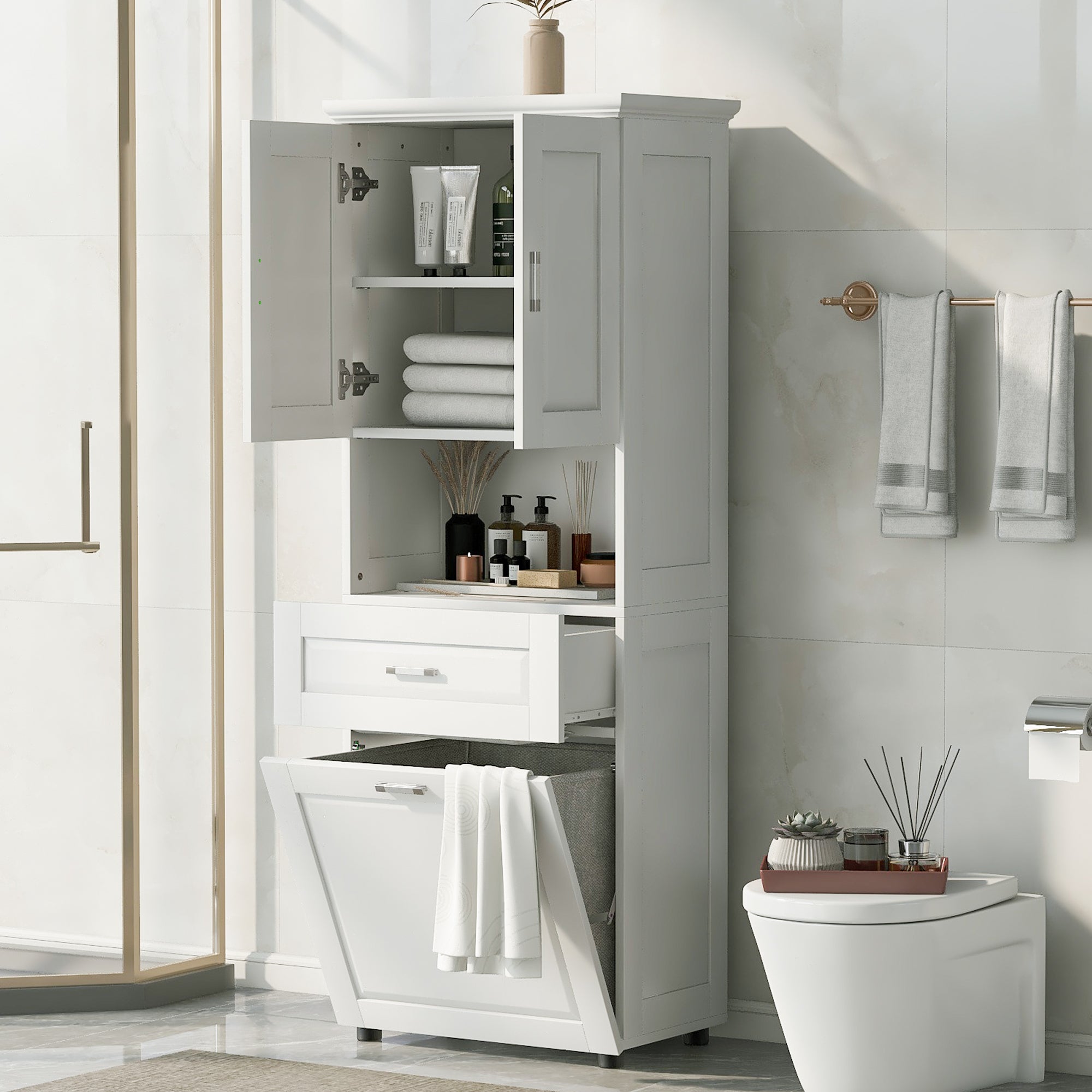 Tall Bathroom Cabinet With Laundry Basket, Large Storage Space Tilt-Out Laundry Hamper And Upper Storage Cabinet, White