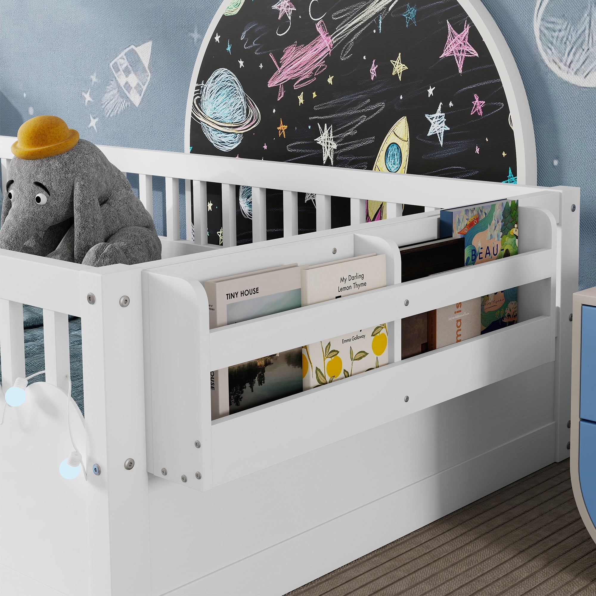 Twin Montessori Floor Bed Frame With High Rails, Wood Kids Floor Beds With Light And Storage Shelf, White Expect Arrival