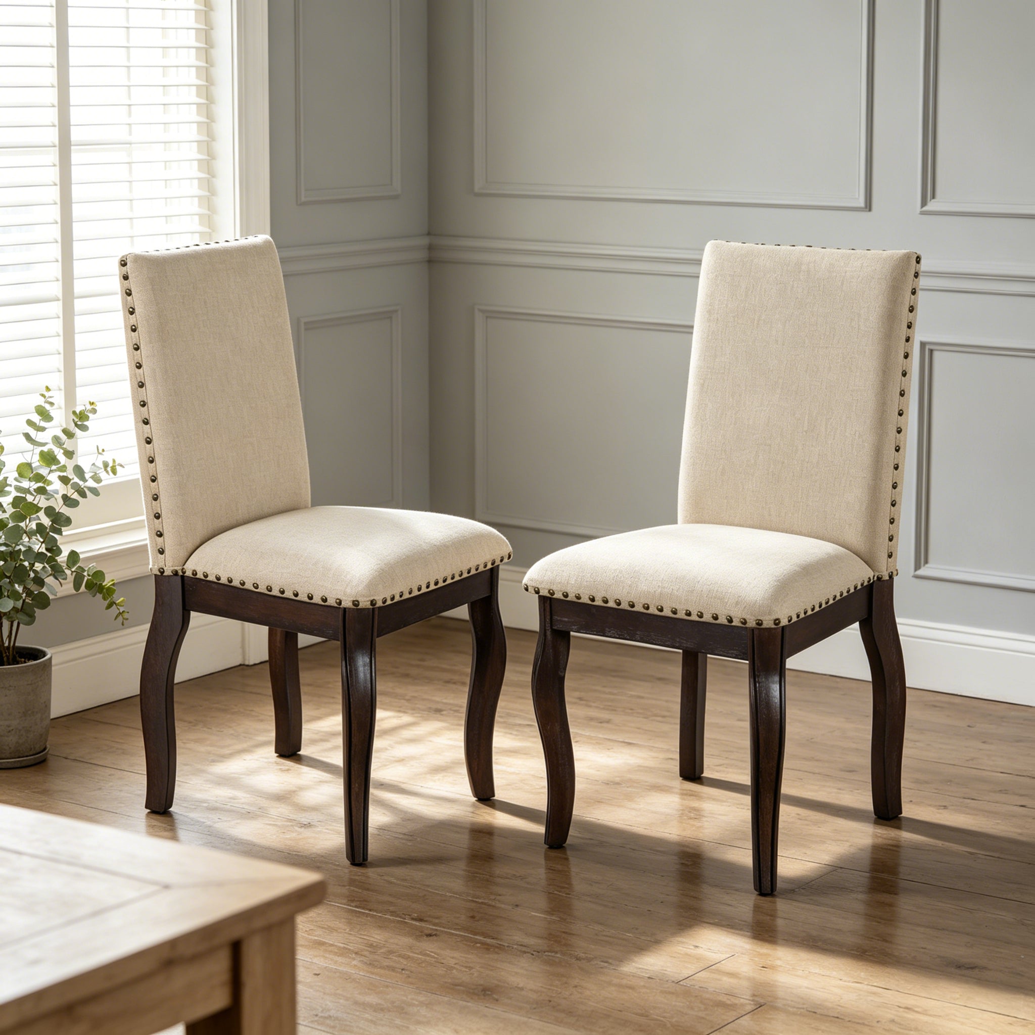 TREXM Set Of 2 Dining Chairs Wood Upholstered Fabirc Dining Room Chairs With Nailhead  Espresso