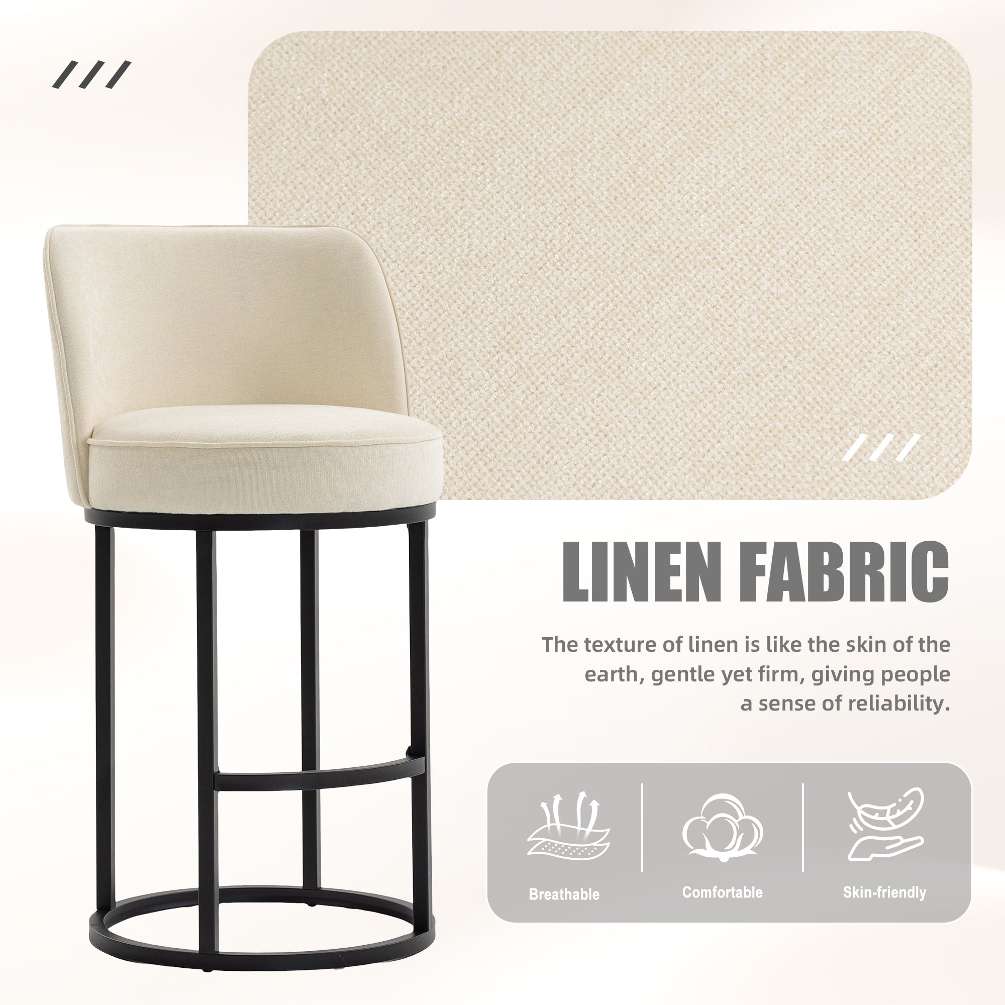 Counter Height Bar Stools Set Of 2, Modern Barrel Counter Stools With Backrest, Linen Fabric Upholstered Accent Bar Stoo